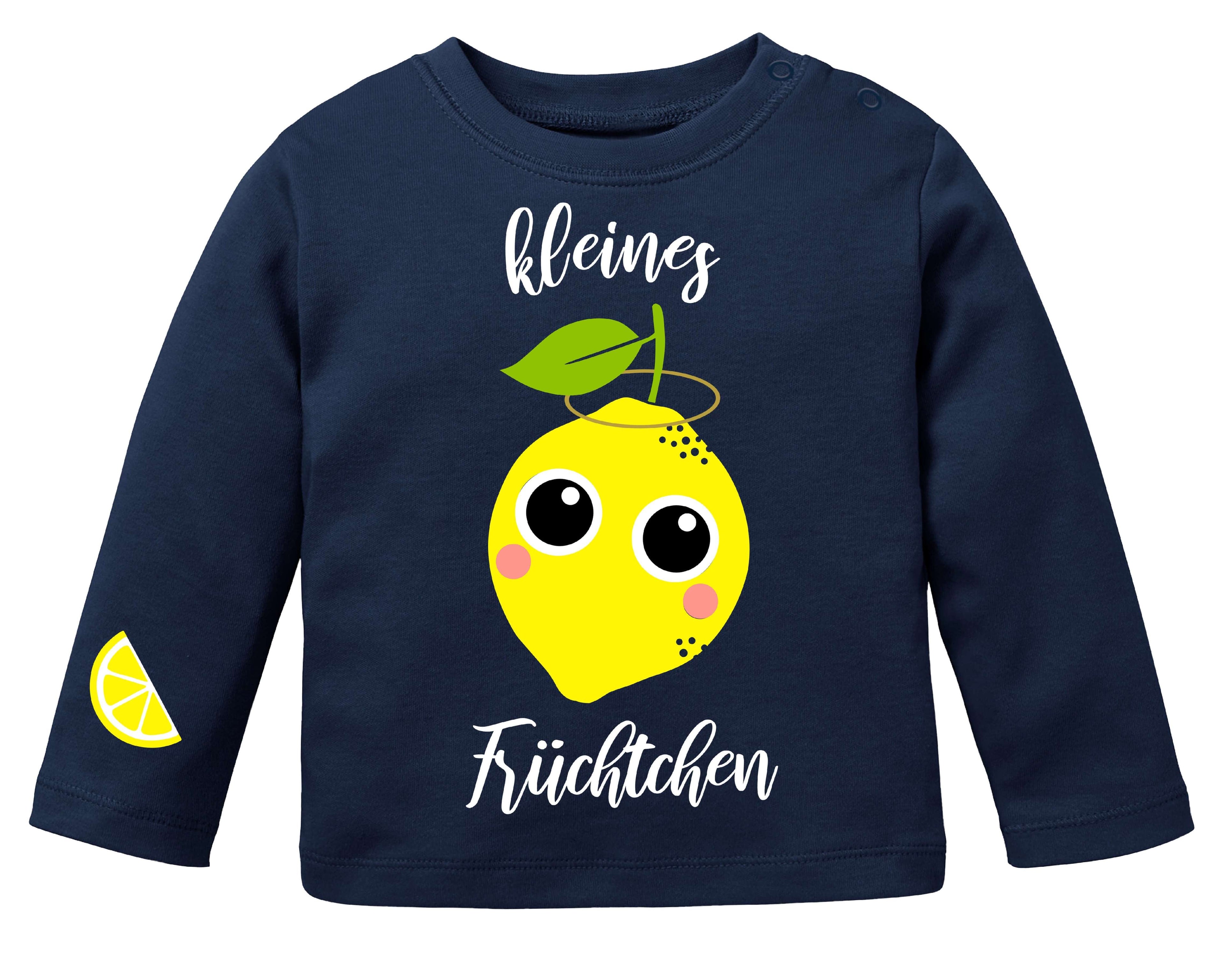 dunkelblaues Babyshirt bedruckt mit Zitrone kleines Früchtchen, lange Ärmel und Druckknöpfe