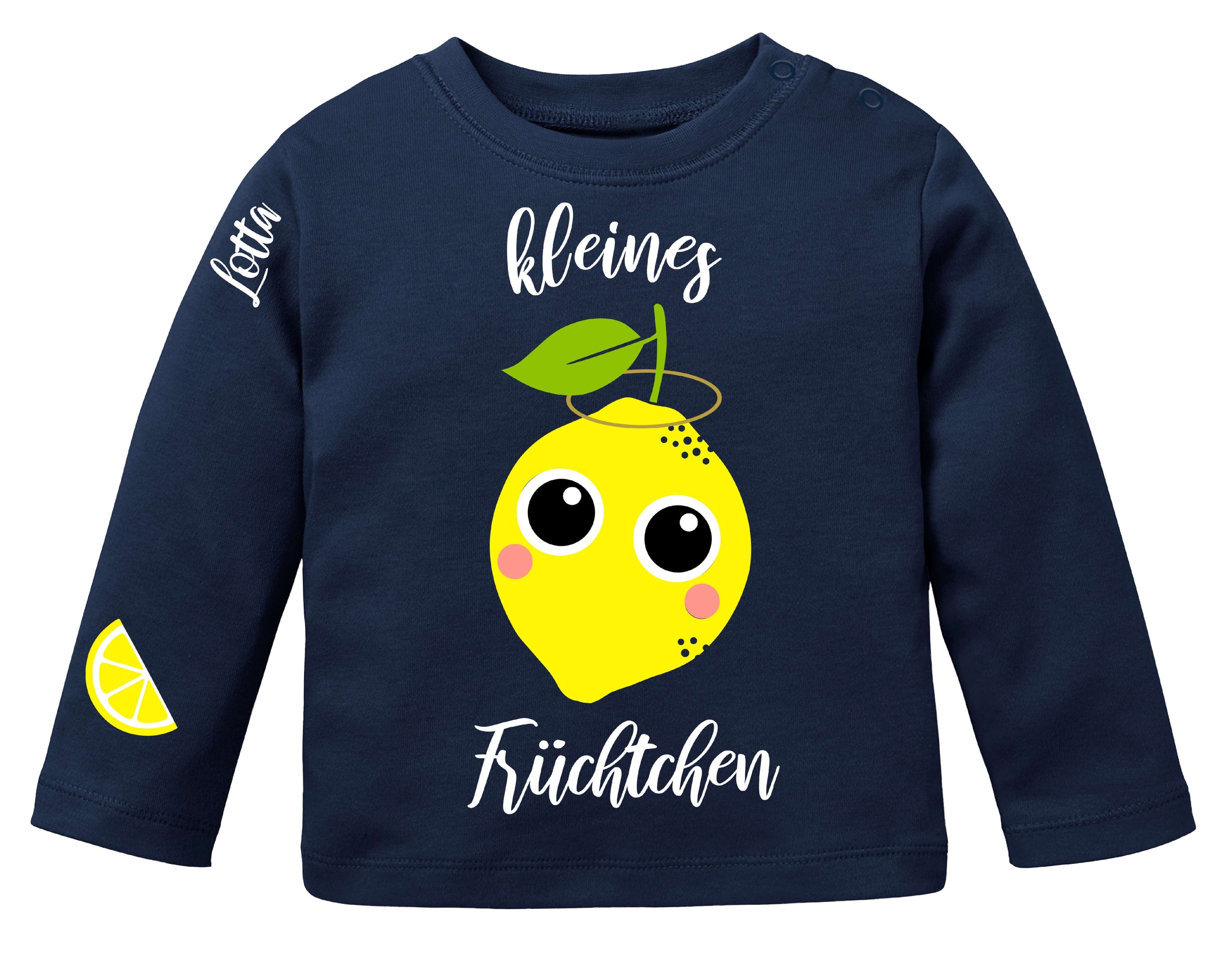 dunkelblaues Babyshirt bedruckt mit Zitrone kleines Früchtchen und Name, lange Ärmel und Druckknöpfe
