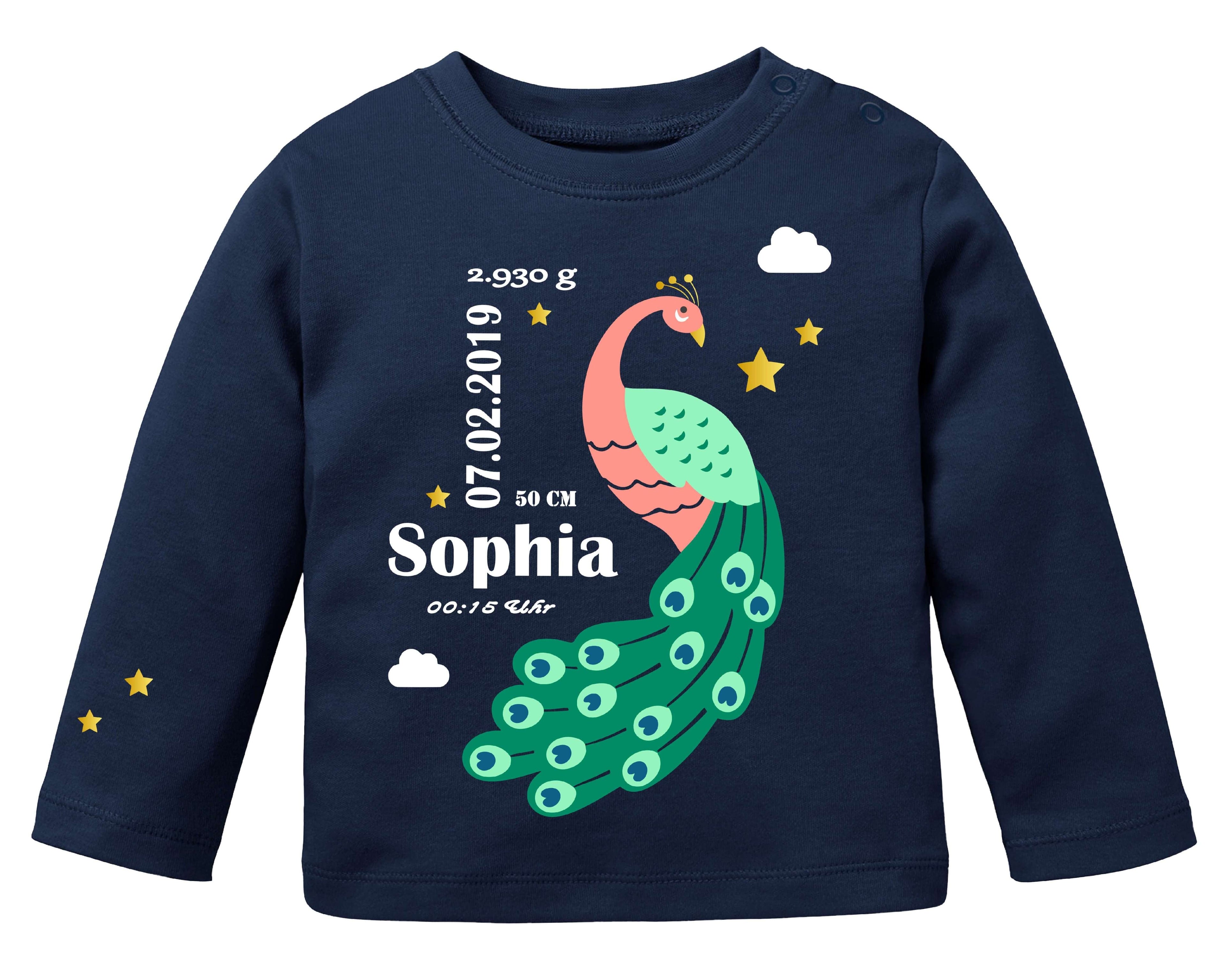 navi Babyshirt bedruckt mit Pfau in rosa-mint, gold metallic Effekt und persönlichen Geburtsdaten, zur Geburt und für Zwillinge