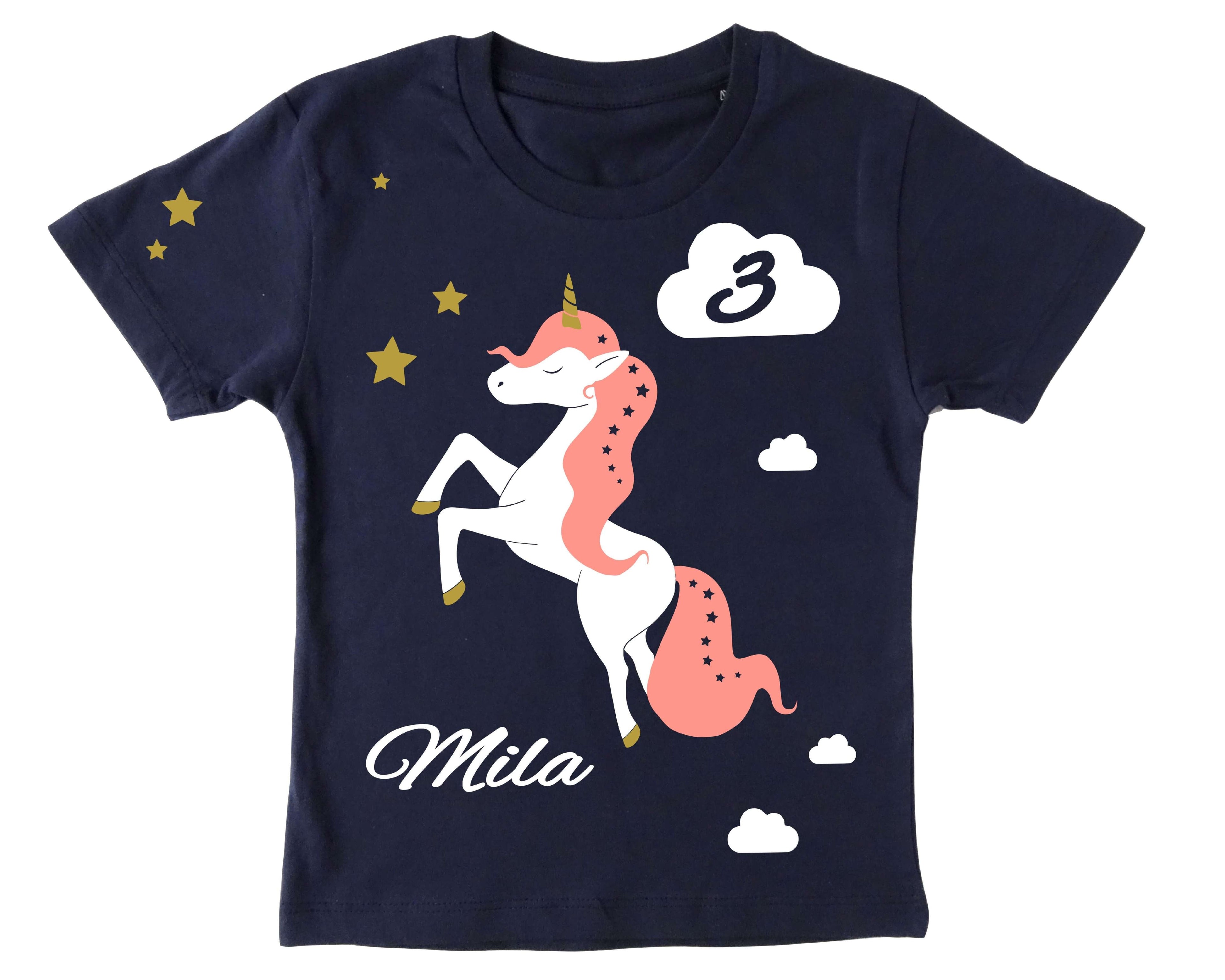 navi Geburtstagsshirt Einhorn für Mädchen mit Name, Zahl und gold metallic Effekt mit kurzem Ärmeln