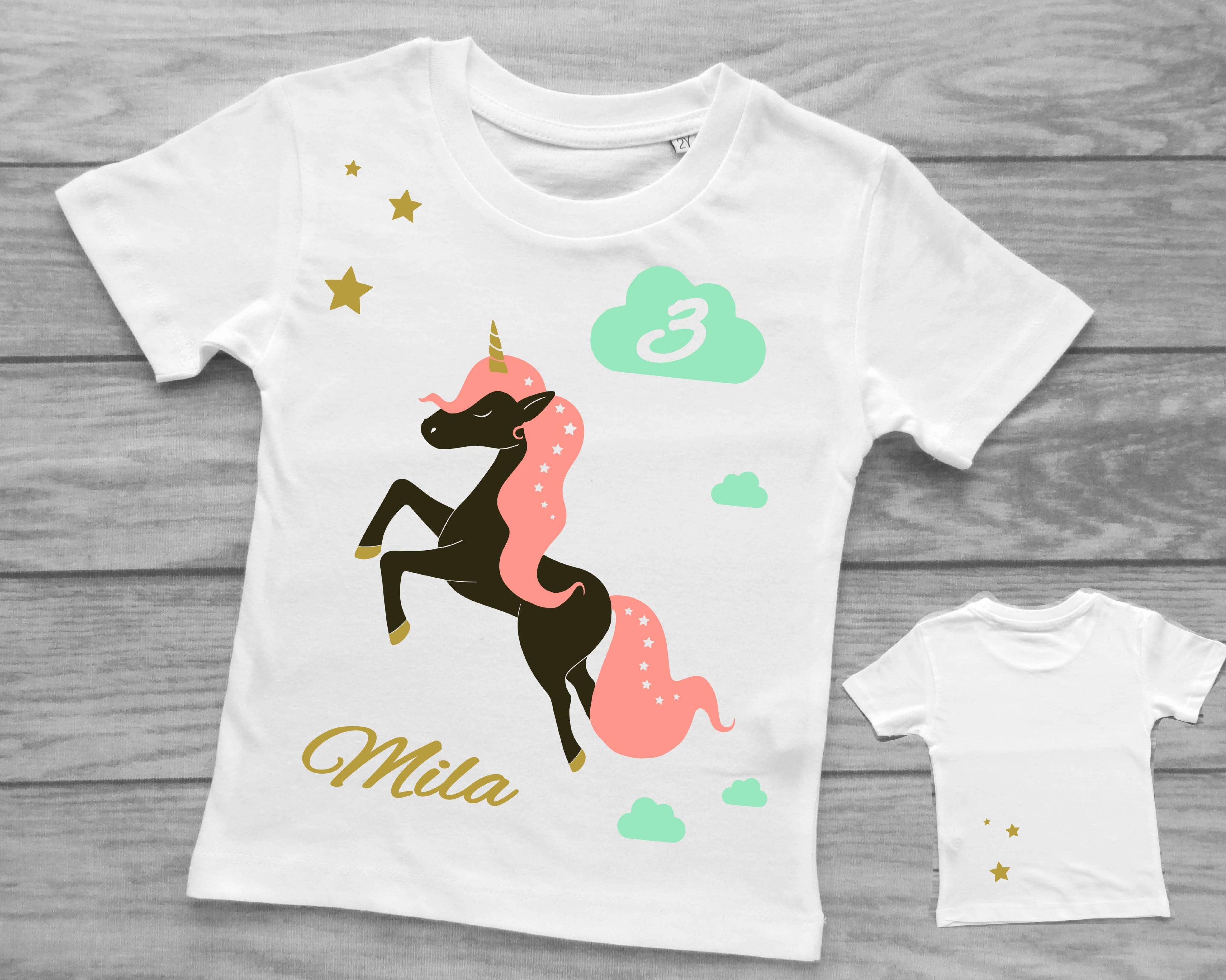 weißes Geburtstagsshirt Einhorn mit Name, Zahl und gold metallic Effekt mit kurzem Ärmeln