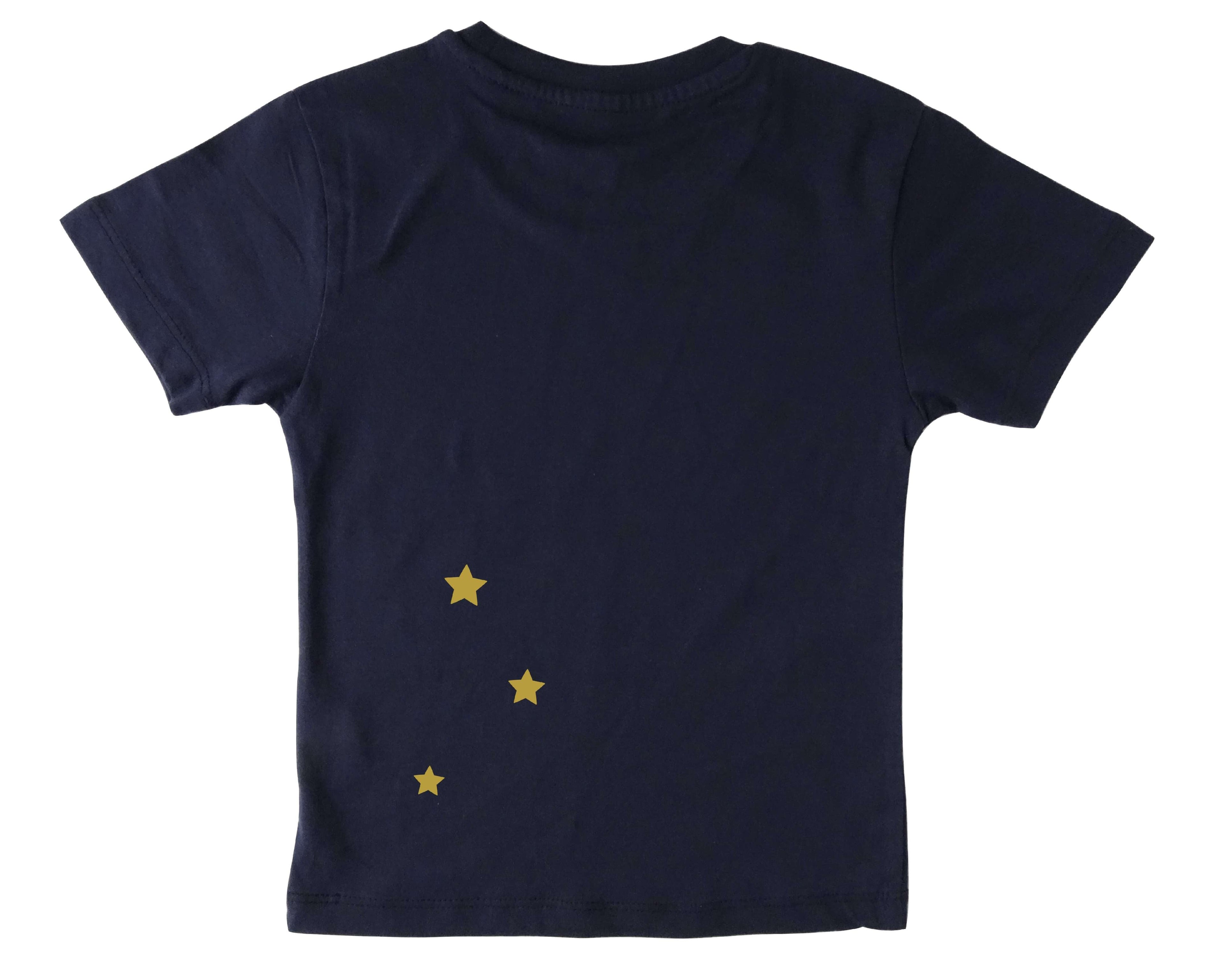 Rückseite von navi Geburtstagsshirt Fee, schimmernde goldene Sterne auf der Rückseite