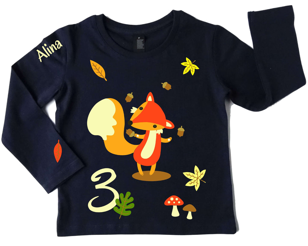 Geburtstagsshirt für Kinder mit Fuchs im Wald, mit Name und Zahl, gold metallic Effekt