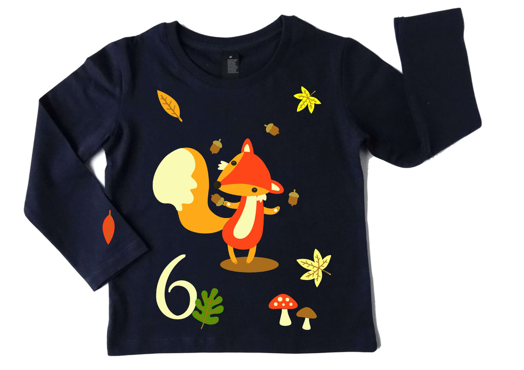 Geburtstagsshirt für Kinder süßer Fuchs im Wald, mit Name und Zahl, gold metallic Effekt