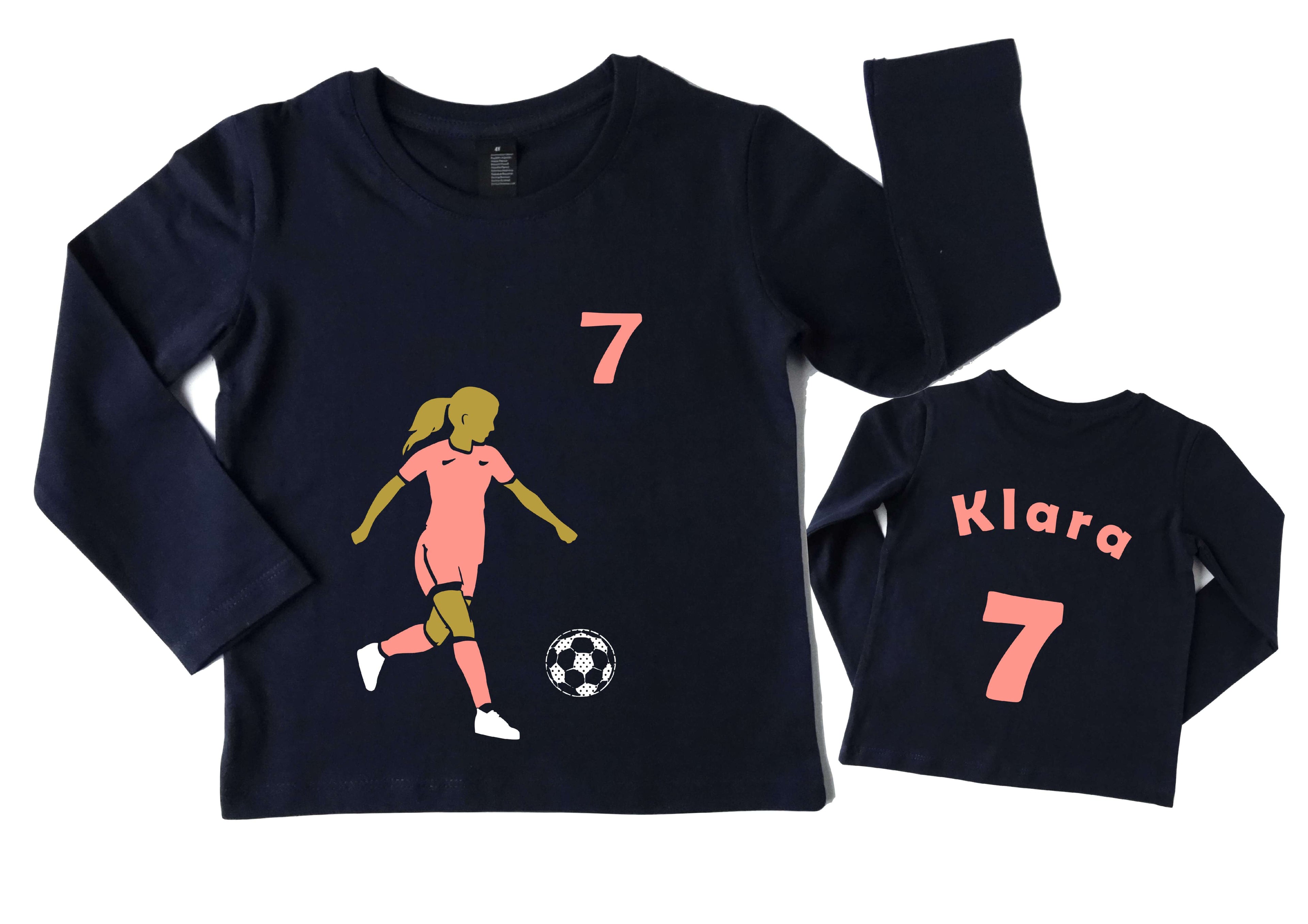 Geburtstagsshirt für coole Fußball Mädchen mit gold metallic Effekt, mit Fußballerin Name und Zahl Trikot Rückseite, rosa Trikot