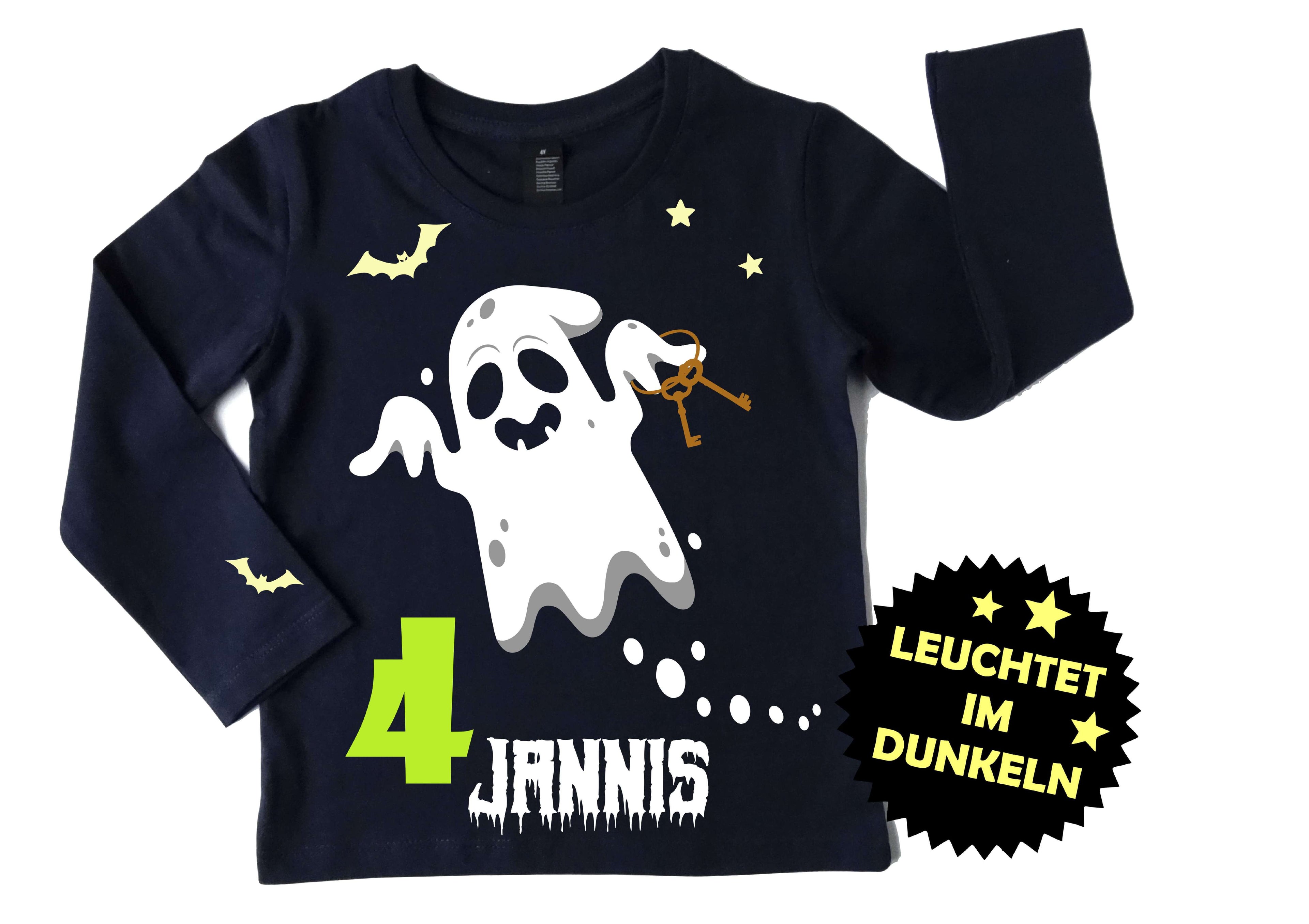 Geburtstagsshirt Halloween für Kinder mit Gespenst, leuchtet im Dunkeln, mit Name und hellgrüne Zahl
