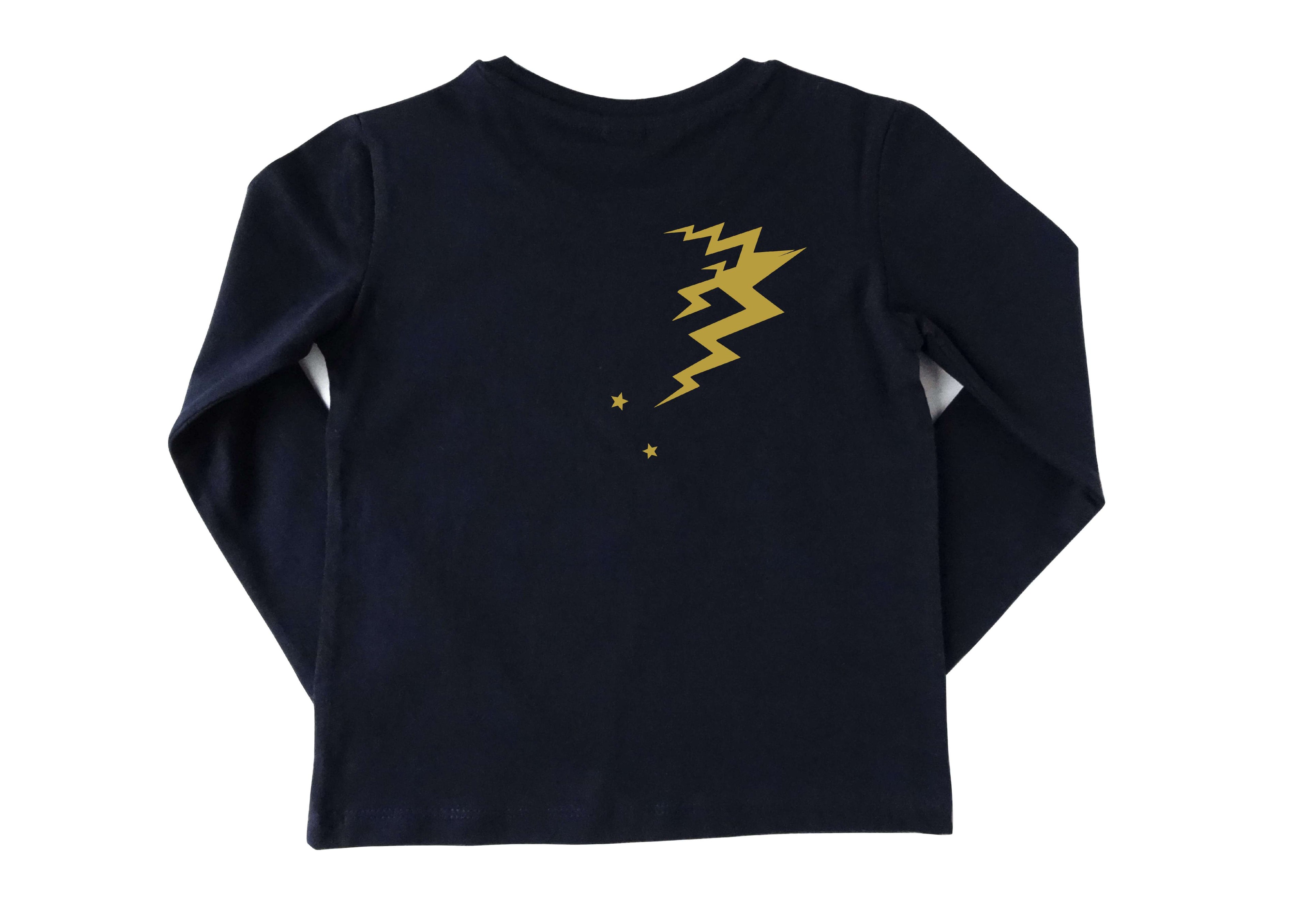 Rückseite goldener Blitz von navi Geburtstagsshirt hellblaue E-Gitarre für Jungen und Mädchen, mit Name und Zahl und gold Effekt