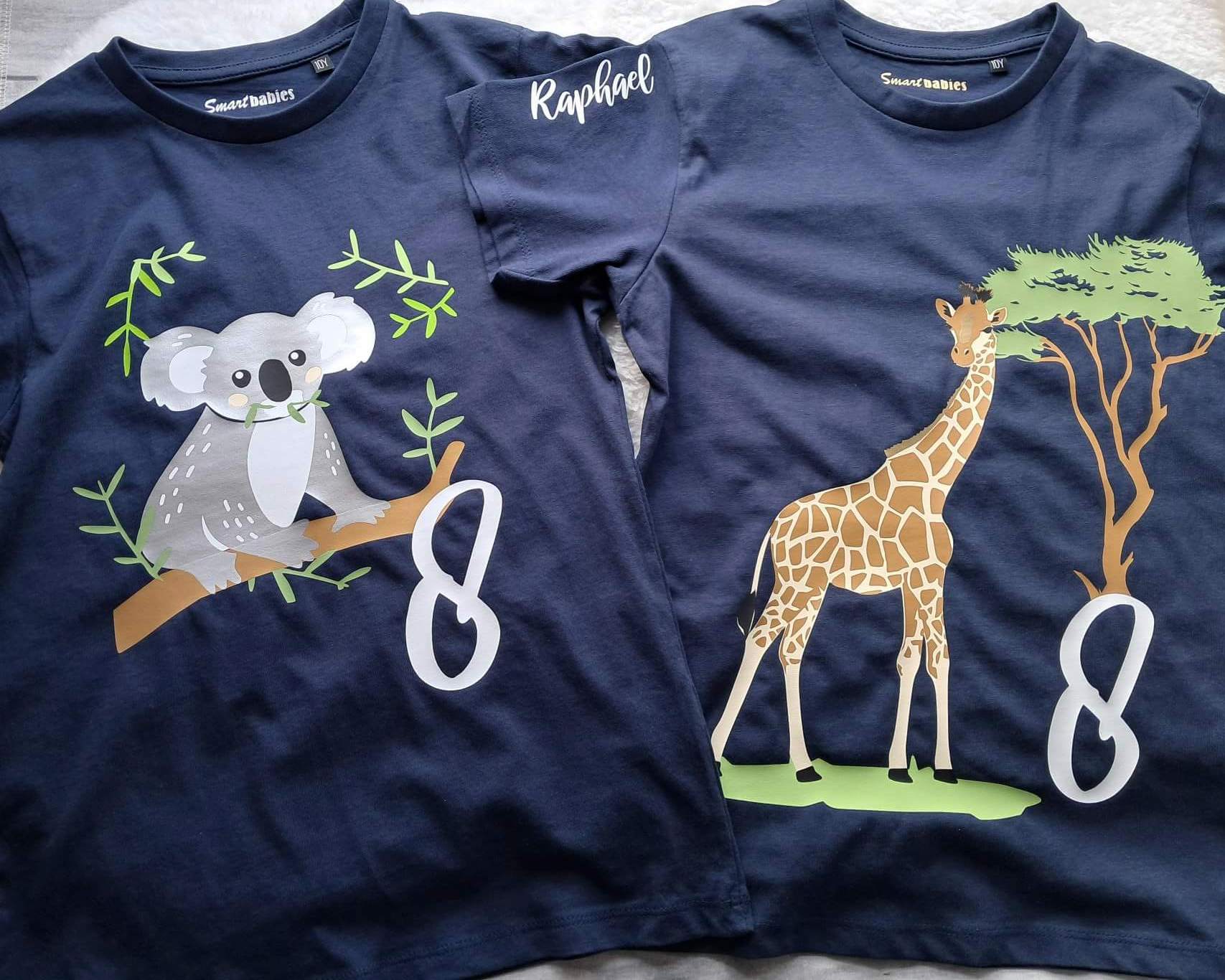 Kindergeburtstagsshirts Zoo Koala und Giraffe mit Name und Zahl