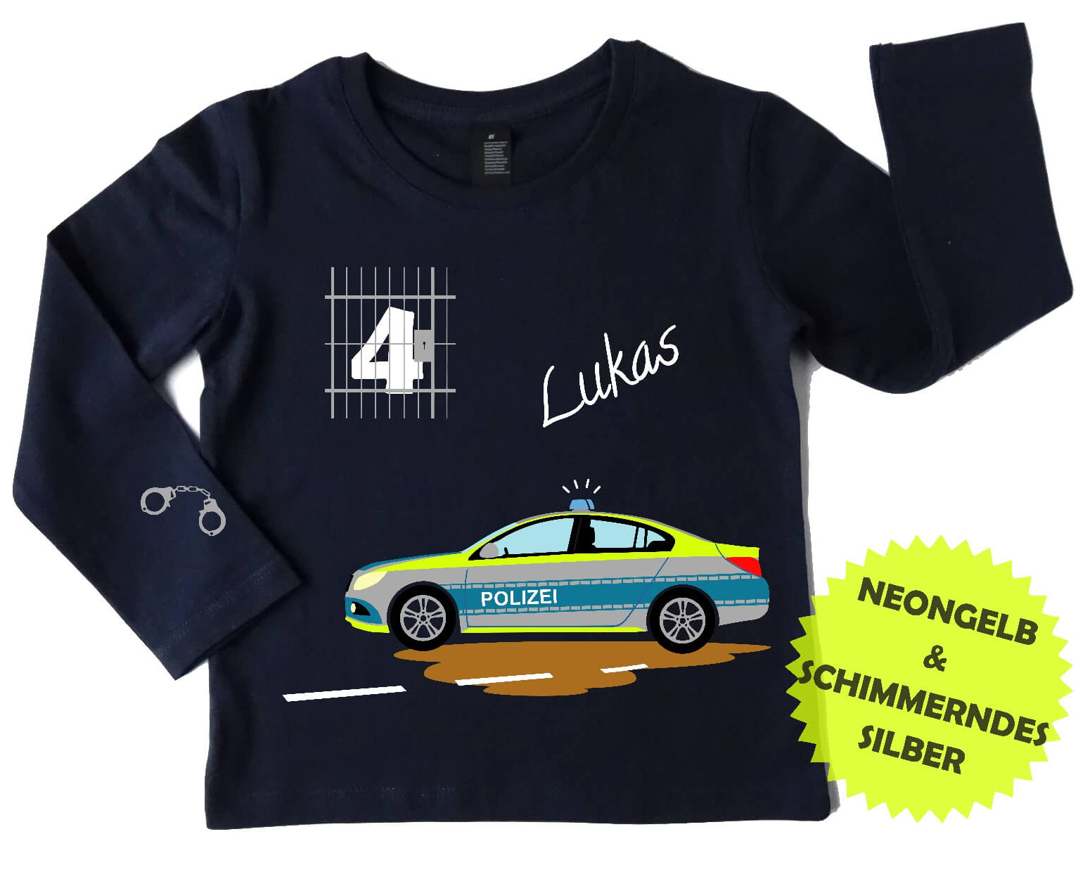 Geburtstagsshirt für Kinder mit deutschem Polizeiauto, mit Name und Zahl und neongelbem Aufdruck