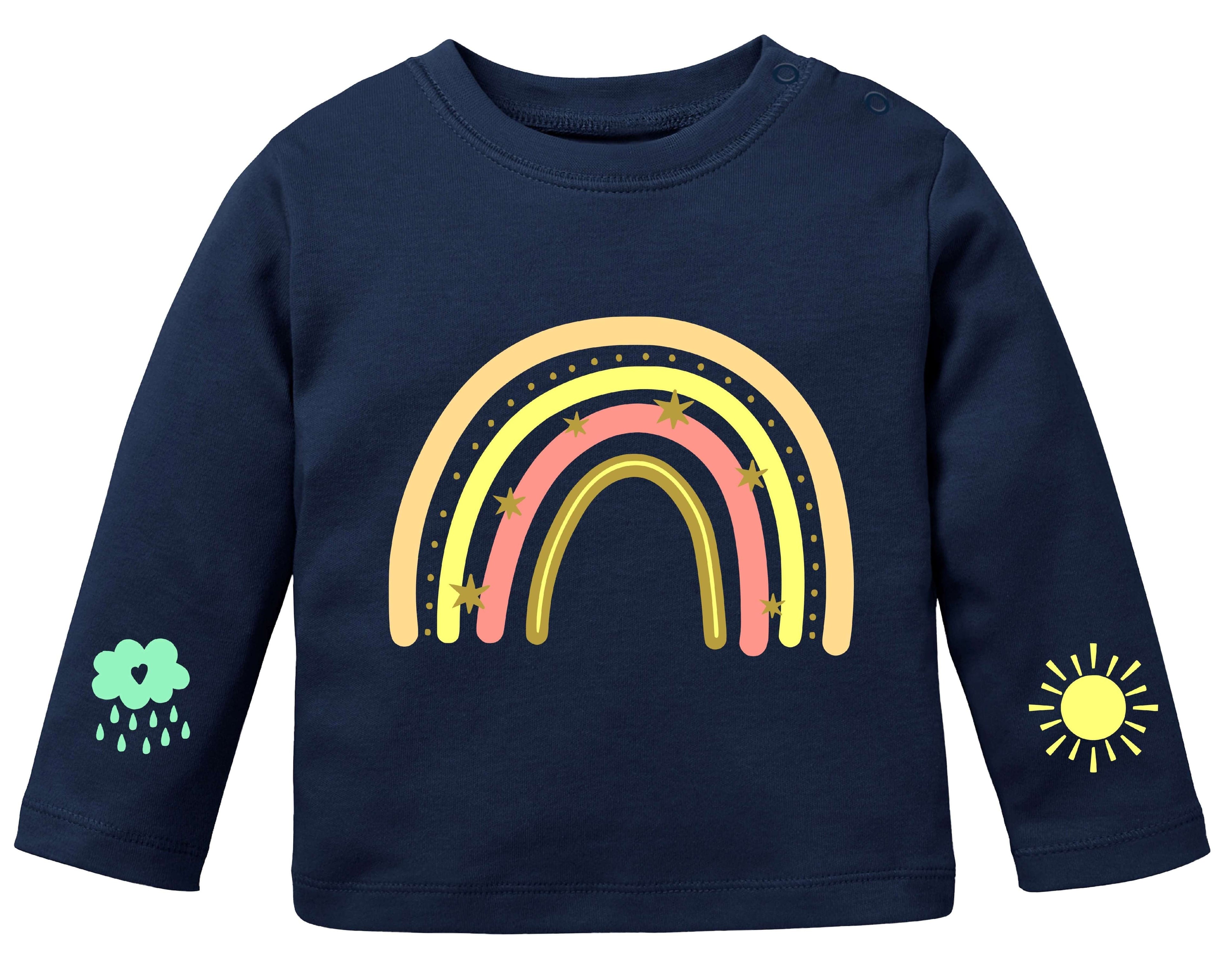 navi farbenes Babyshirt mit Schulterknöpfen, bedruckt mit süßem Regenbogen, Sonne und Wolke