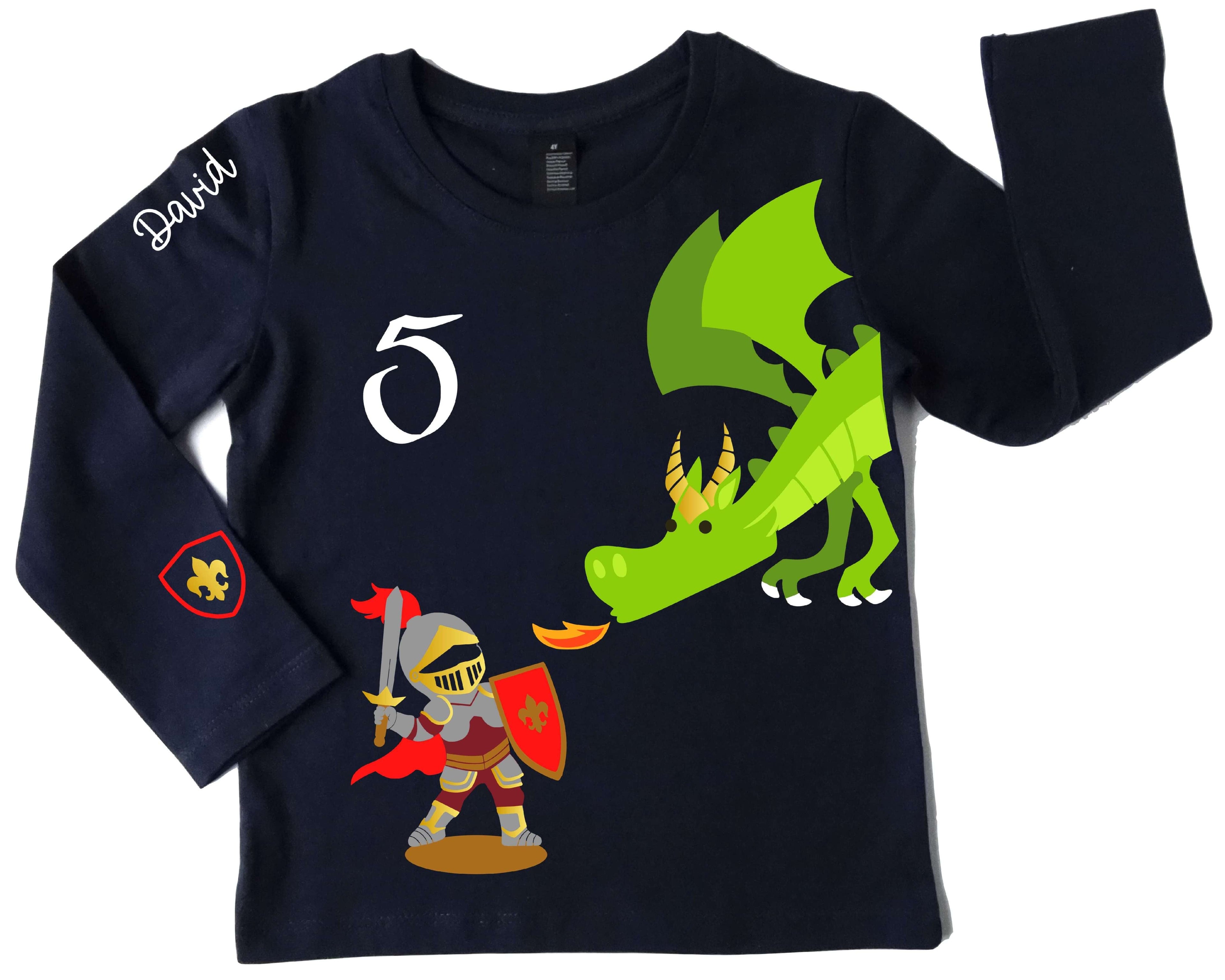 Geburtstagsshirt Ritter und Drache mit Name und Zahl, für Kinder in french navi mit langem Ärmeln