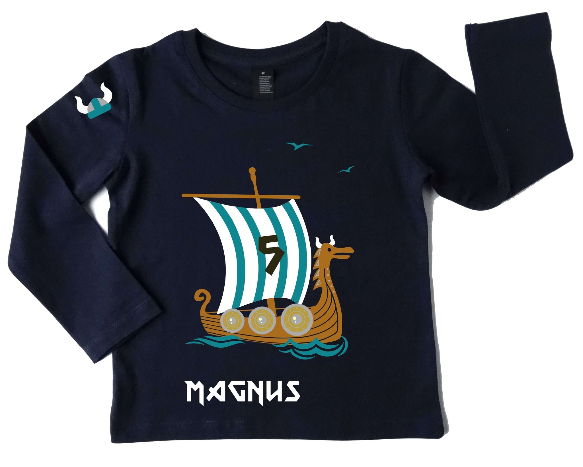 navi Geburtstagsshirt für Jungen und Mädchen mit Wikinger schiff, Name und Zahl, blau-weiß
