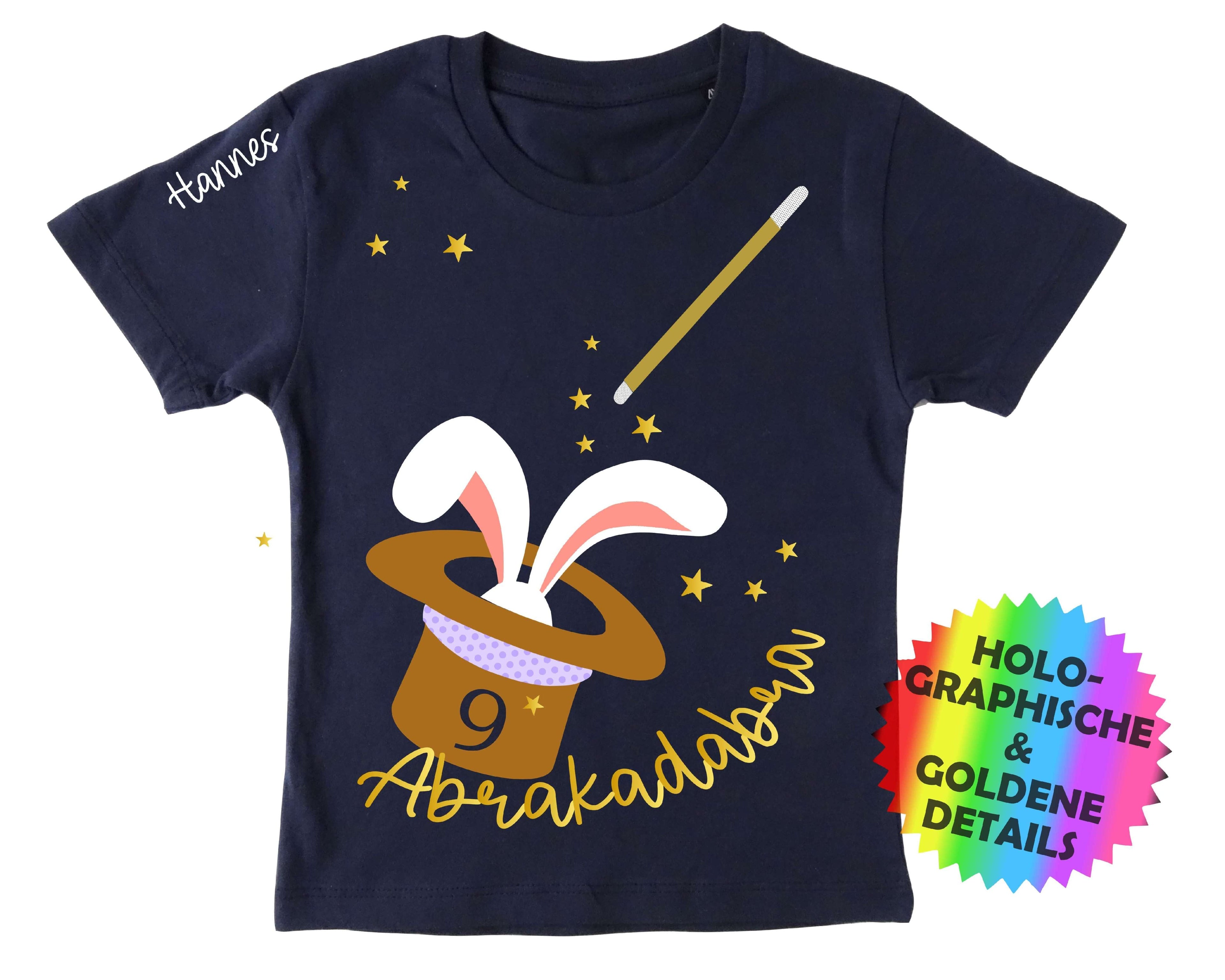 navi Kinder-T-Shirt mit Zauberhut und Hase, magischem holographischem Effekt bedruckt, mit Name und Zahl