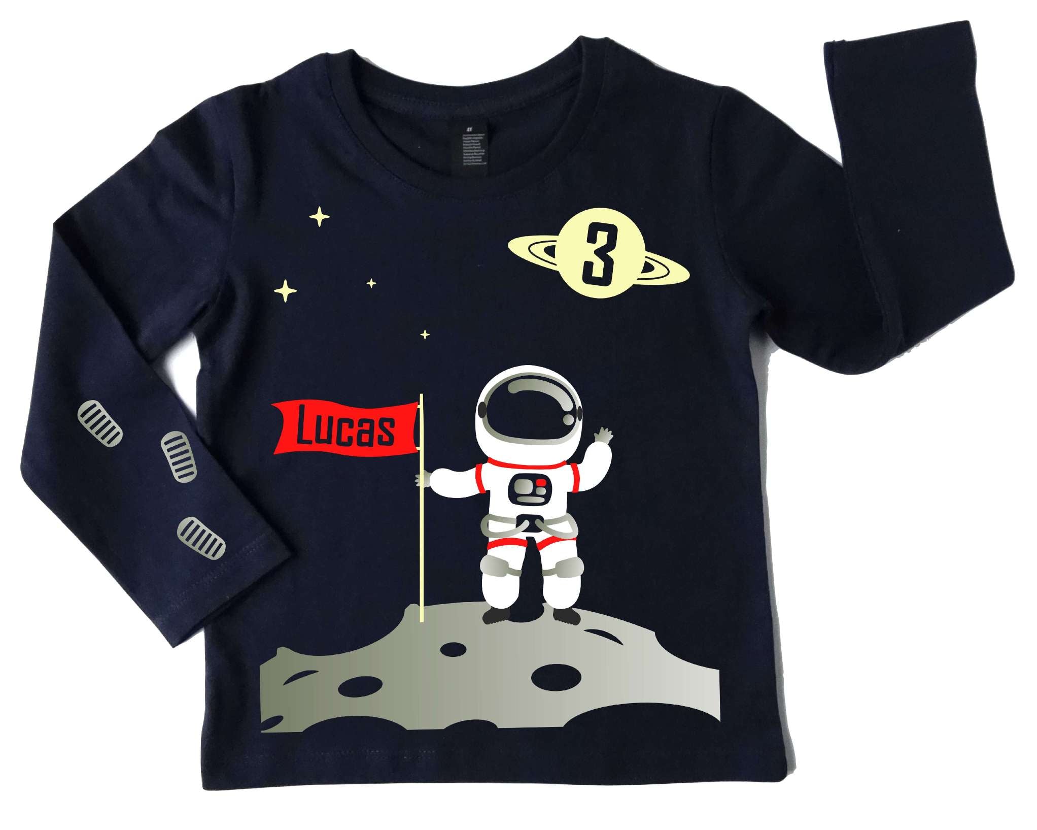 navi Geburtstagsshirt Astronaut bei Mondlandung, mit Name und Zahl für Kinder, mit silber metallic Effekt