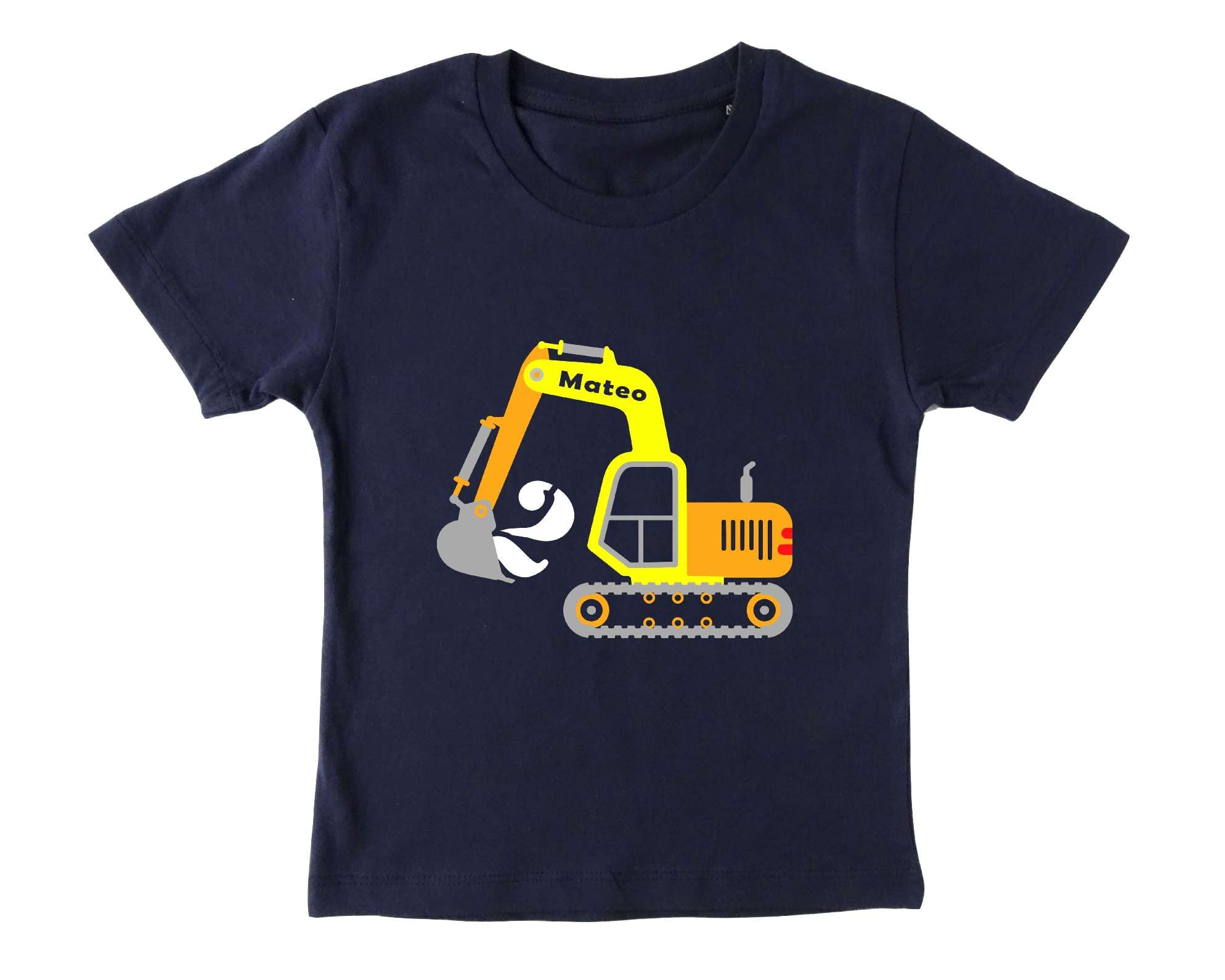 Geburtstagsshirt Bagger mit silber metallic Effekt, mit Name und Zahl für Jungen, mit kurzen Ärmeln