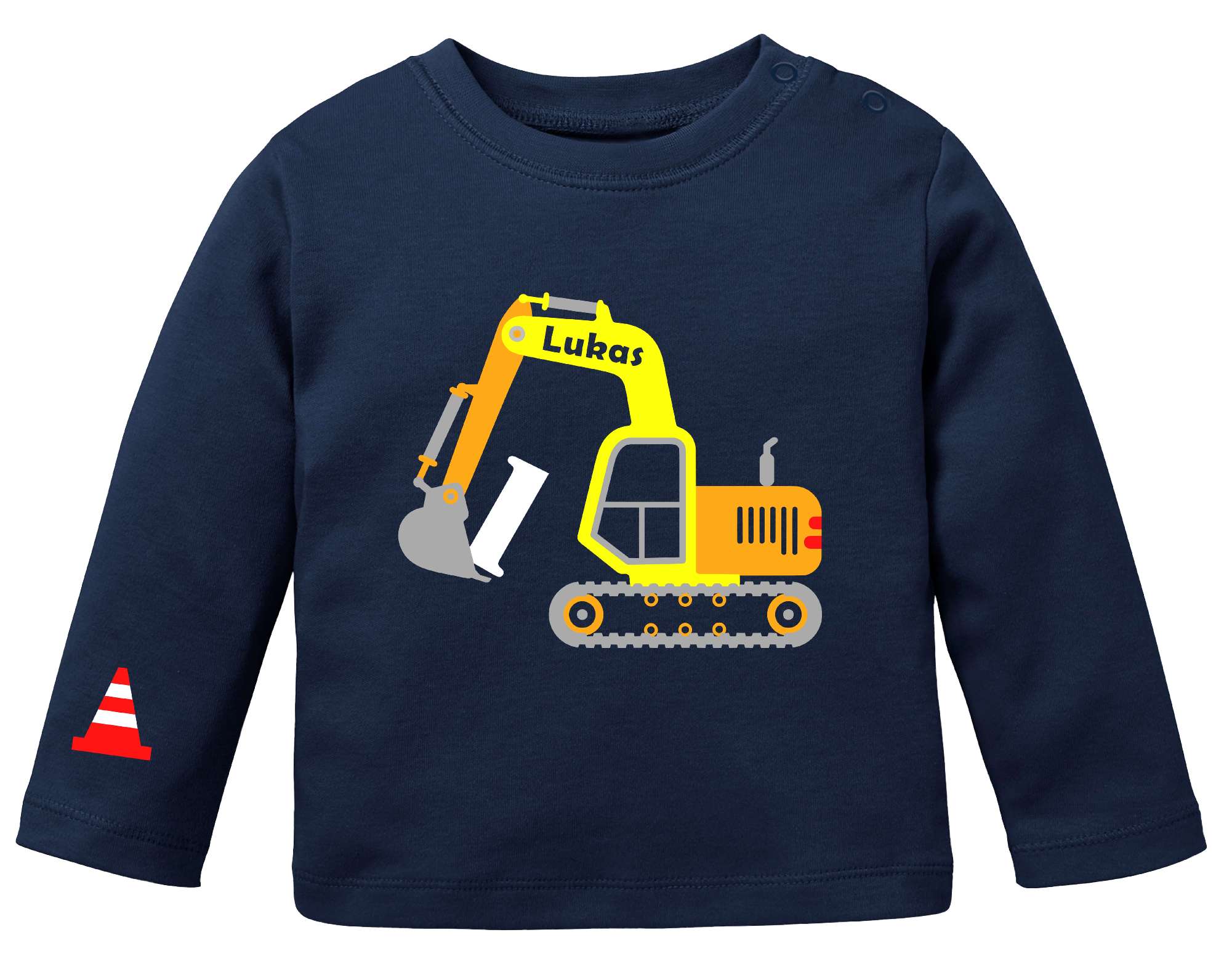 navi farbenes Geburtstagsshirt für Babys, bedruckt mit gelbem Bagger, Zahl und Name und schimmerndem silber