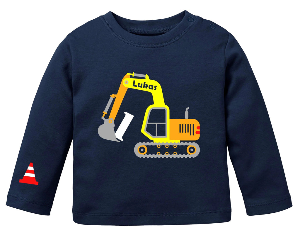 navi farbenes Geburtstagsshirt für Babys, bedruckt mit gelbem Bagger, Zahl und Name und schimmerndem silber