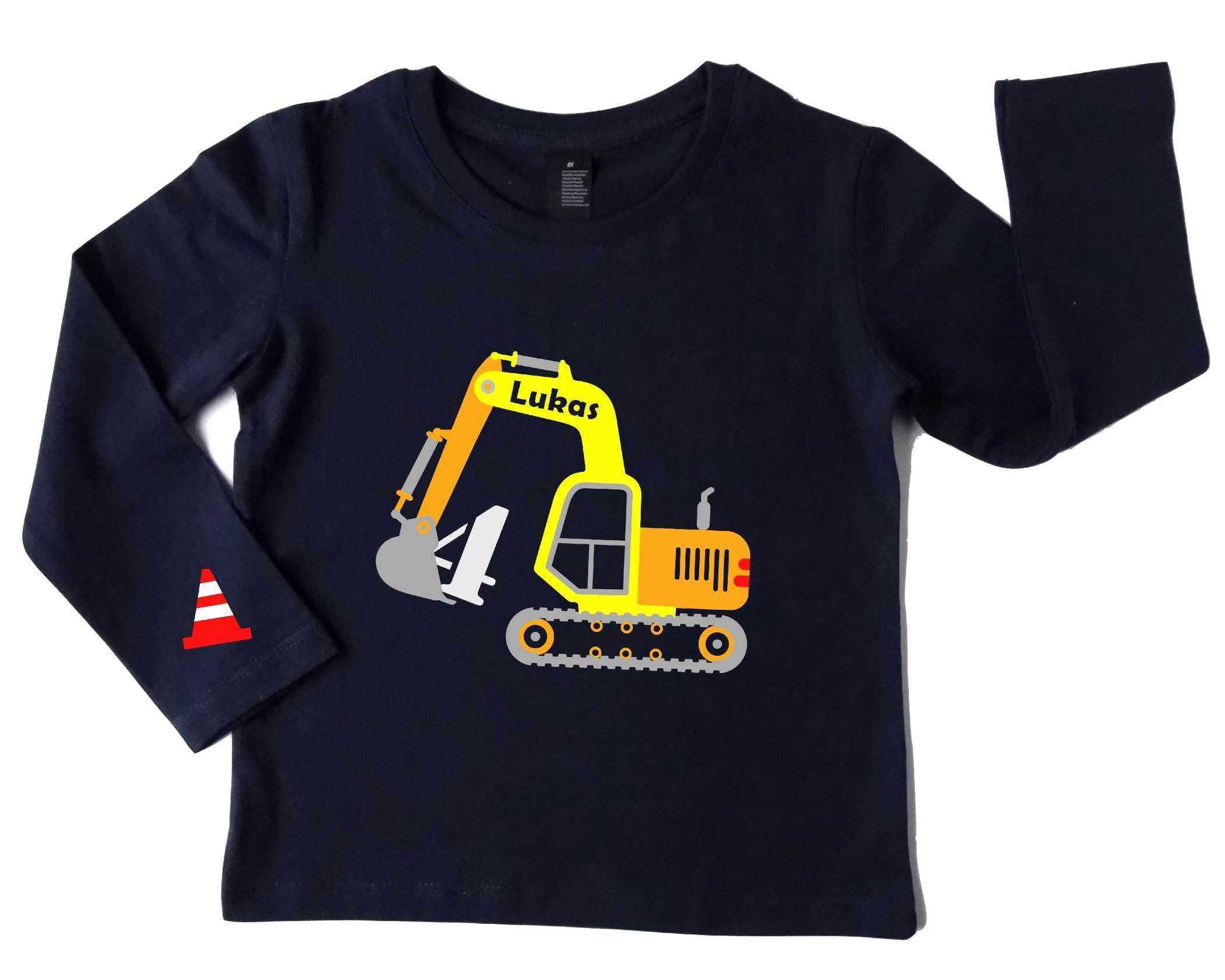 navi Geburtstagsshirt gelber Bagger mit Name und Zahl, silber metallic Effekt und Pilone