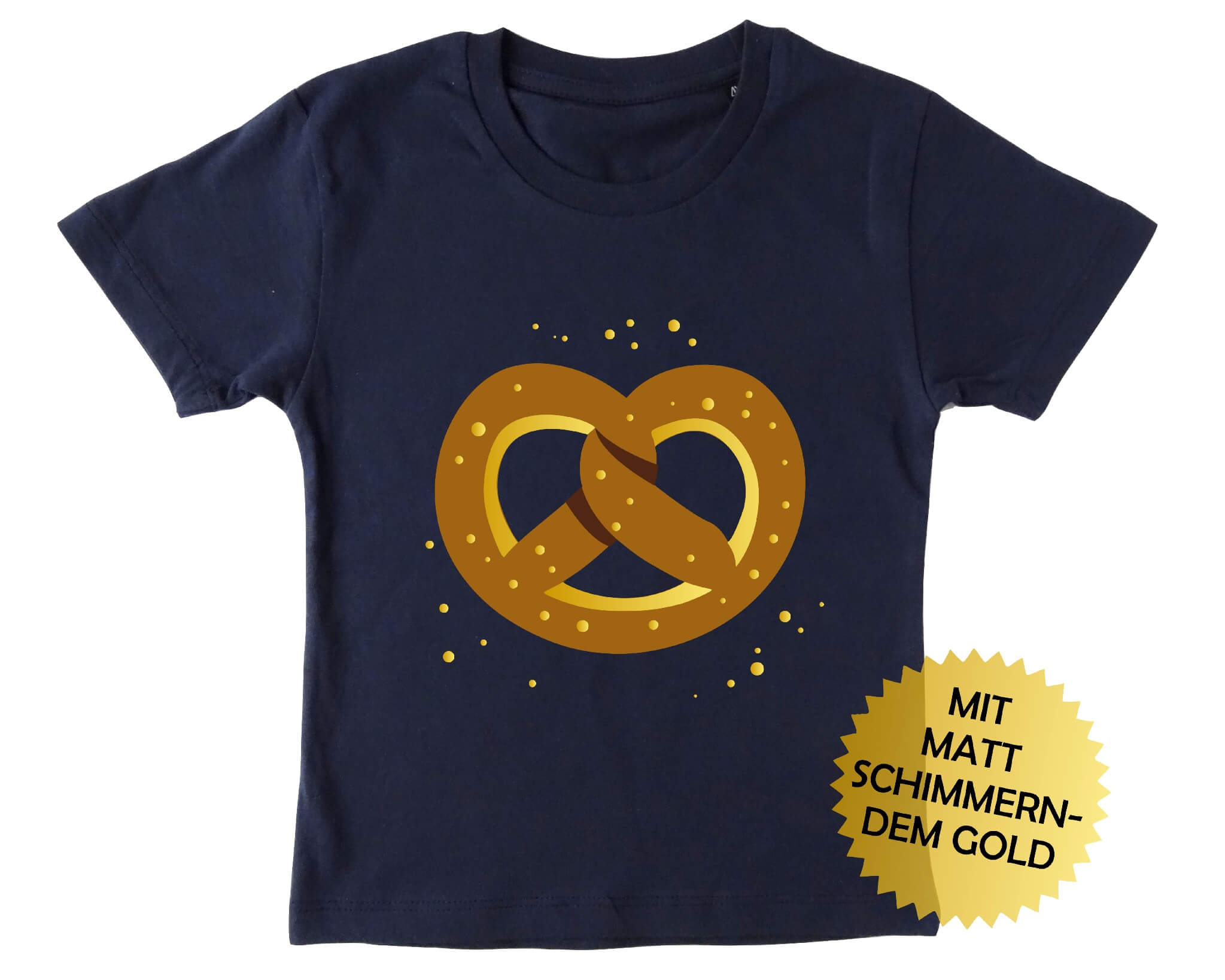 Kindershirt Oktoberfest mit Brezel schimmendem gold und kurzen Ärmeln