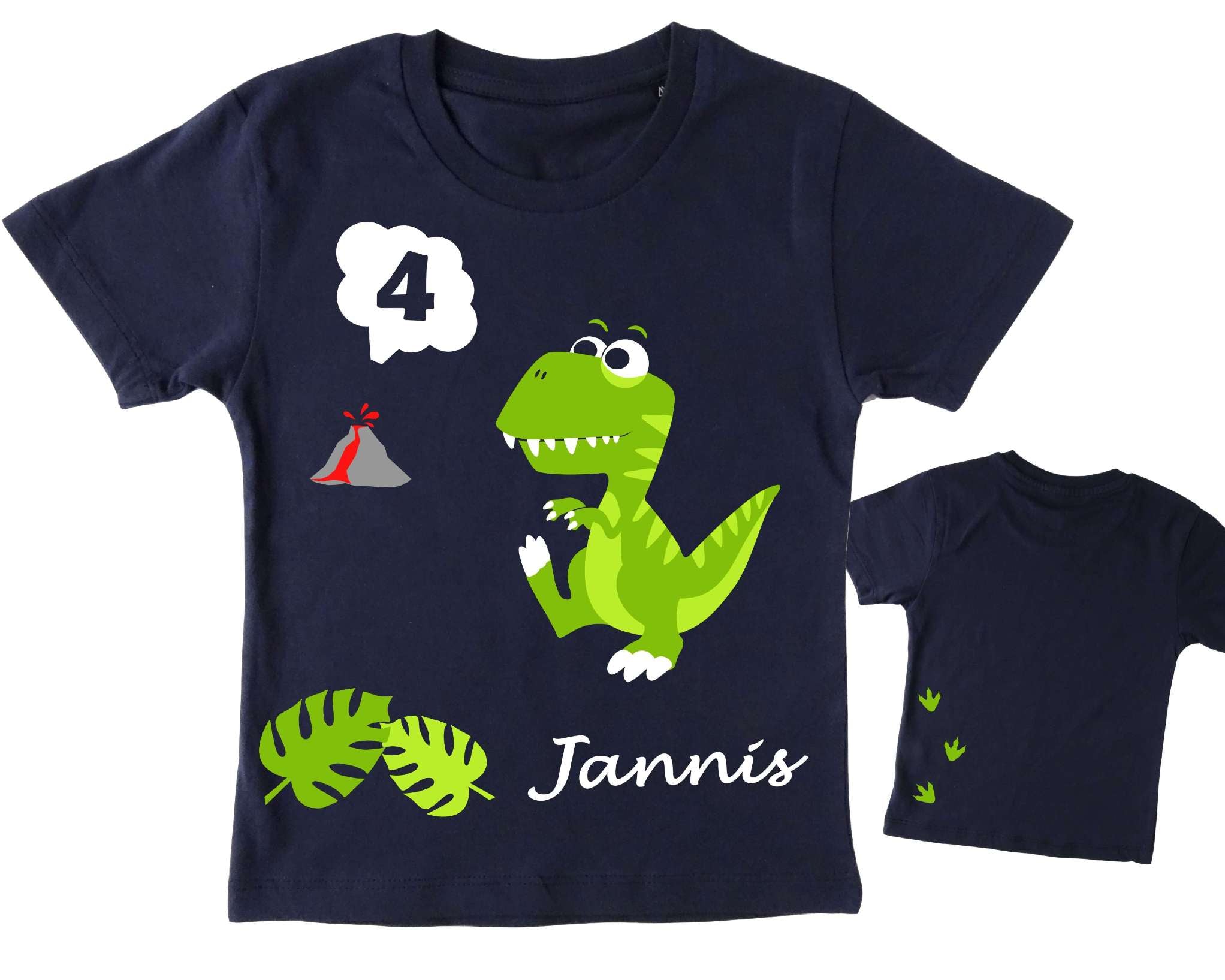 Geburtstagsshirt mit Dino T Rex mit silber metallic, Vulkan und Farnblättern mit Name und Zahl