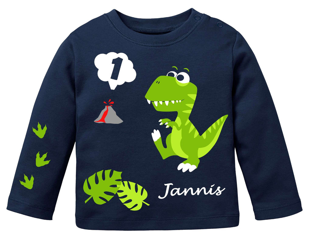 navi farbenes Geburtstagsshirt für erste Geburtstage, bedruckt mit Dino in hellgrün für Babys mit Name und Zahl
