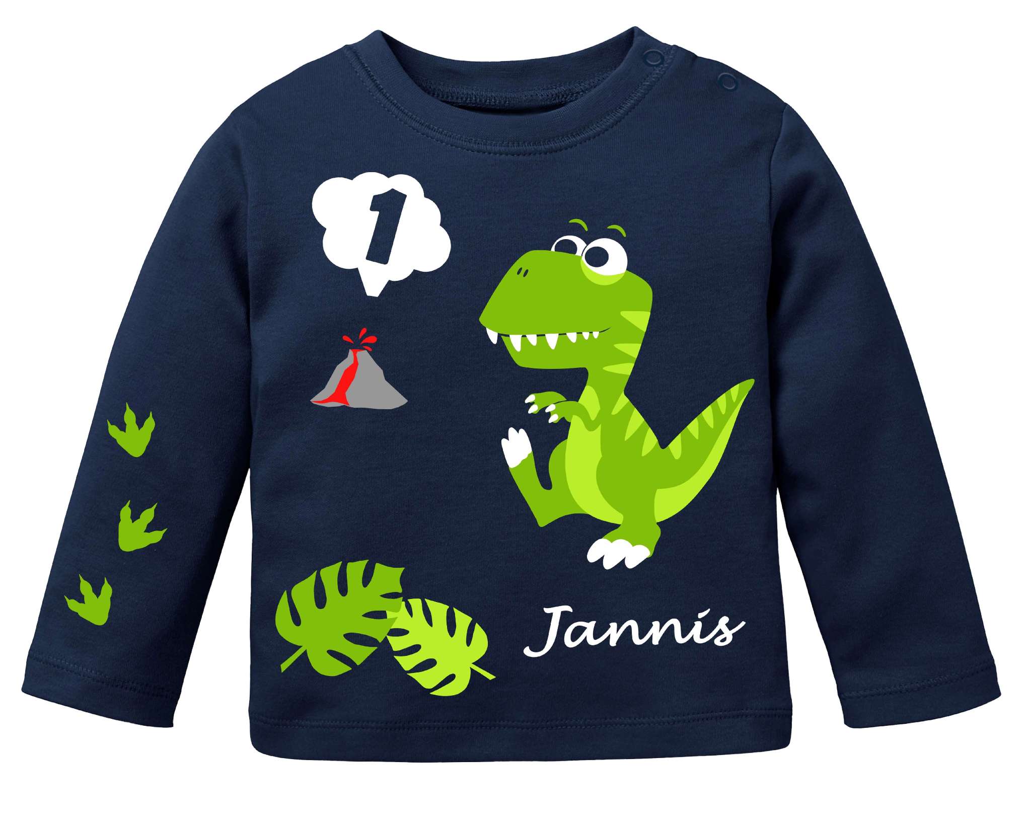 navi farbenes Geburtstagsshirt für erste Geburtstage, bedruckt mit Dino in hellgrün für Babys mit Name und Zahl