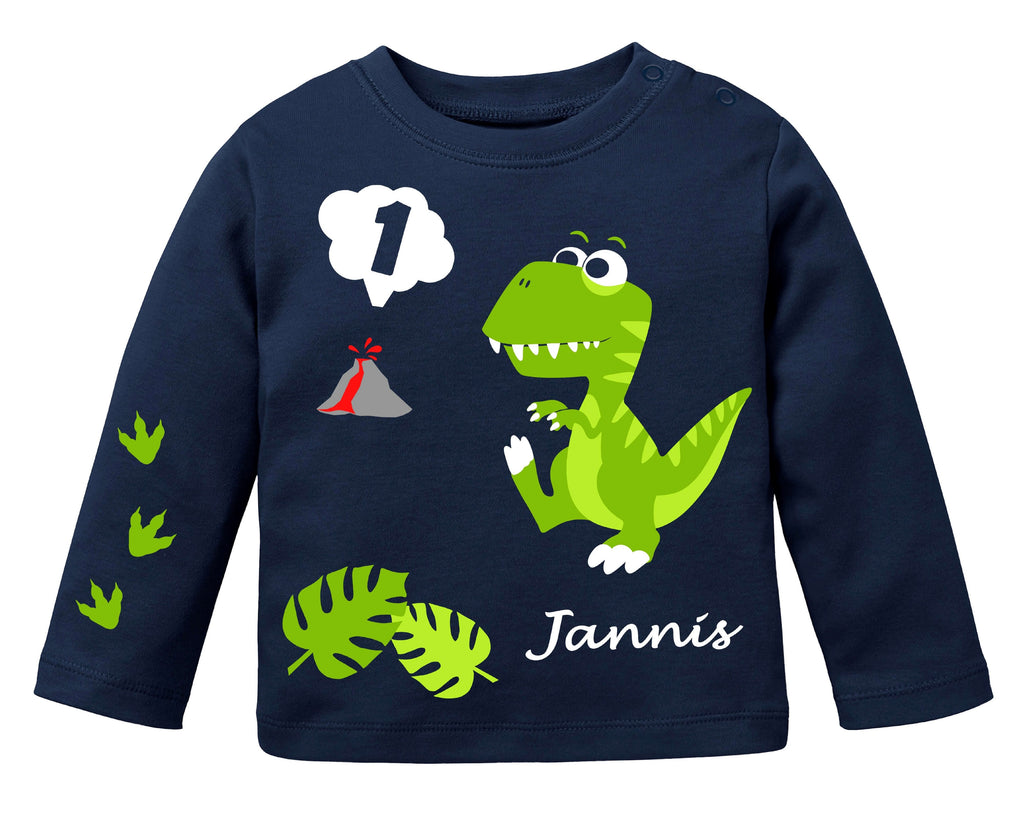 navi farbenes Geburtstagsshirt für erste Geburtstage, bedruckt mit Dino in hellgrün für Babys mit Name und Zahl