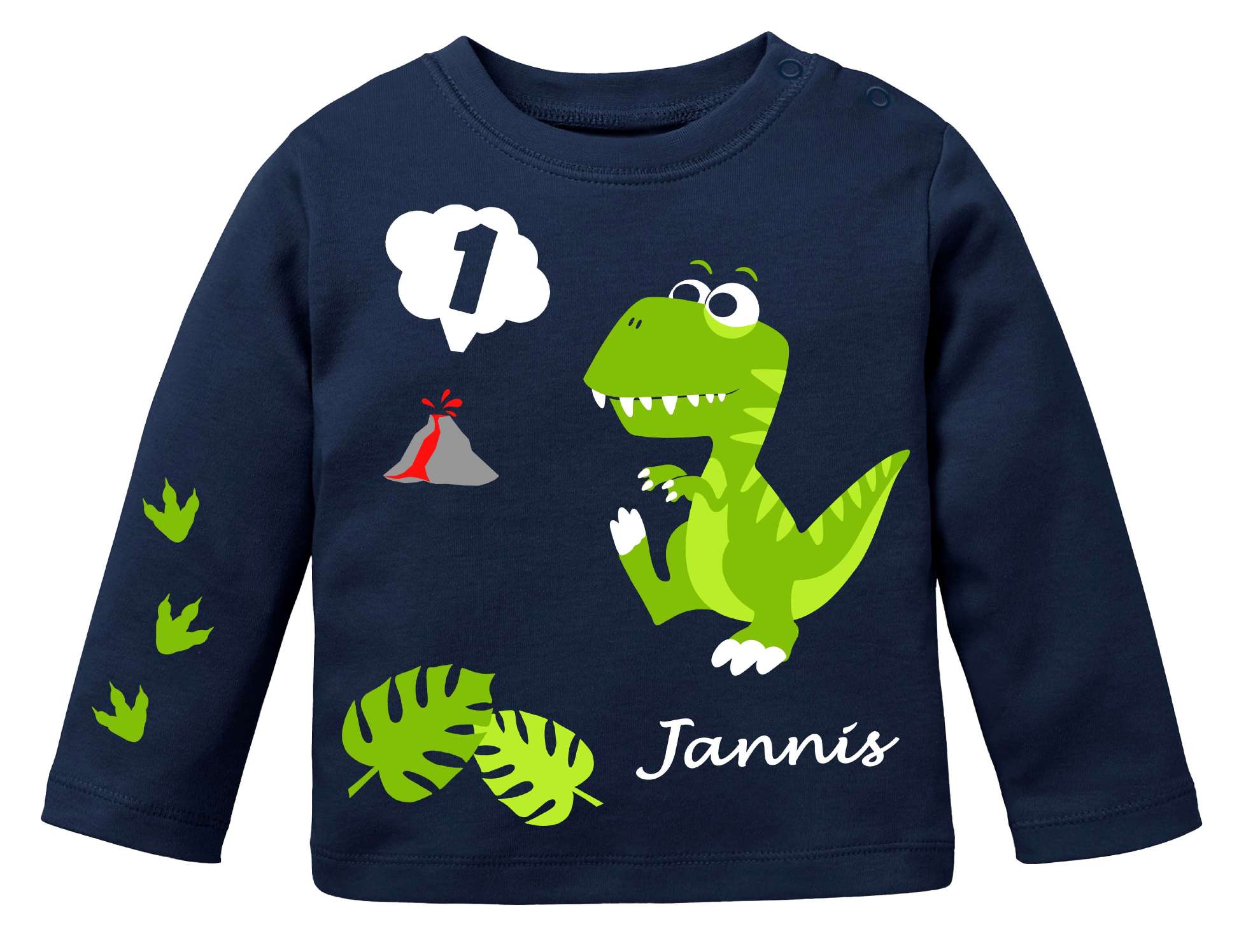 navi farbenes Geburtstagsshirt für erste Geburtstage, bedruckt mit Dino in hellgrün für Babys mit Name und Zahl