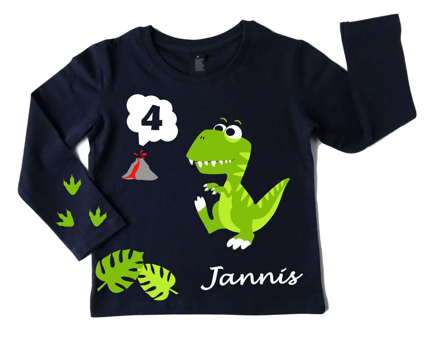 Kinder Geburtstagsshirt in french navi mit hellgrünem Dino T-Rex, mit Name und Zahl, Vulkan und Farnwedeln