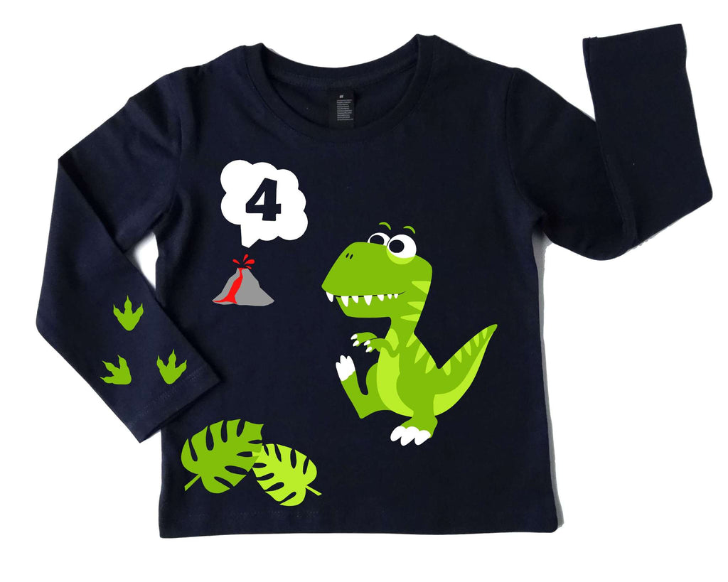 Kinder Geburtstagsshirt in french navi mit hellgrünem Dino T-Rex, mit Zahl, Vulkan und Farnwedeln
