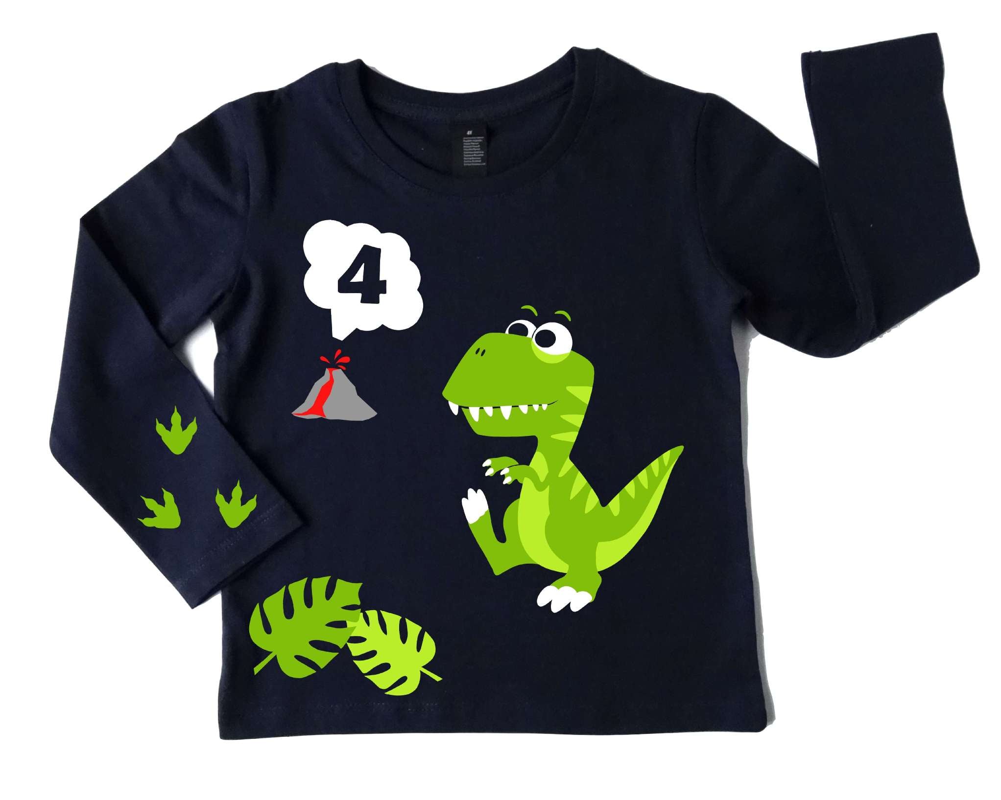Kinder Geburtstagsshirt in french navi mit hellgrünem Dino T-Rex, mit Zahl, Vulkan und Farnwedeln