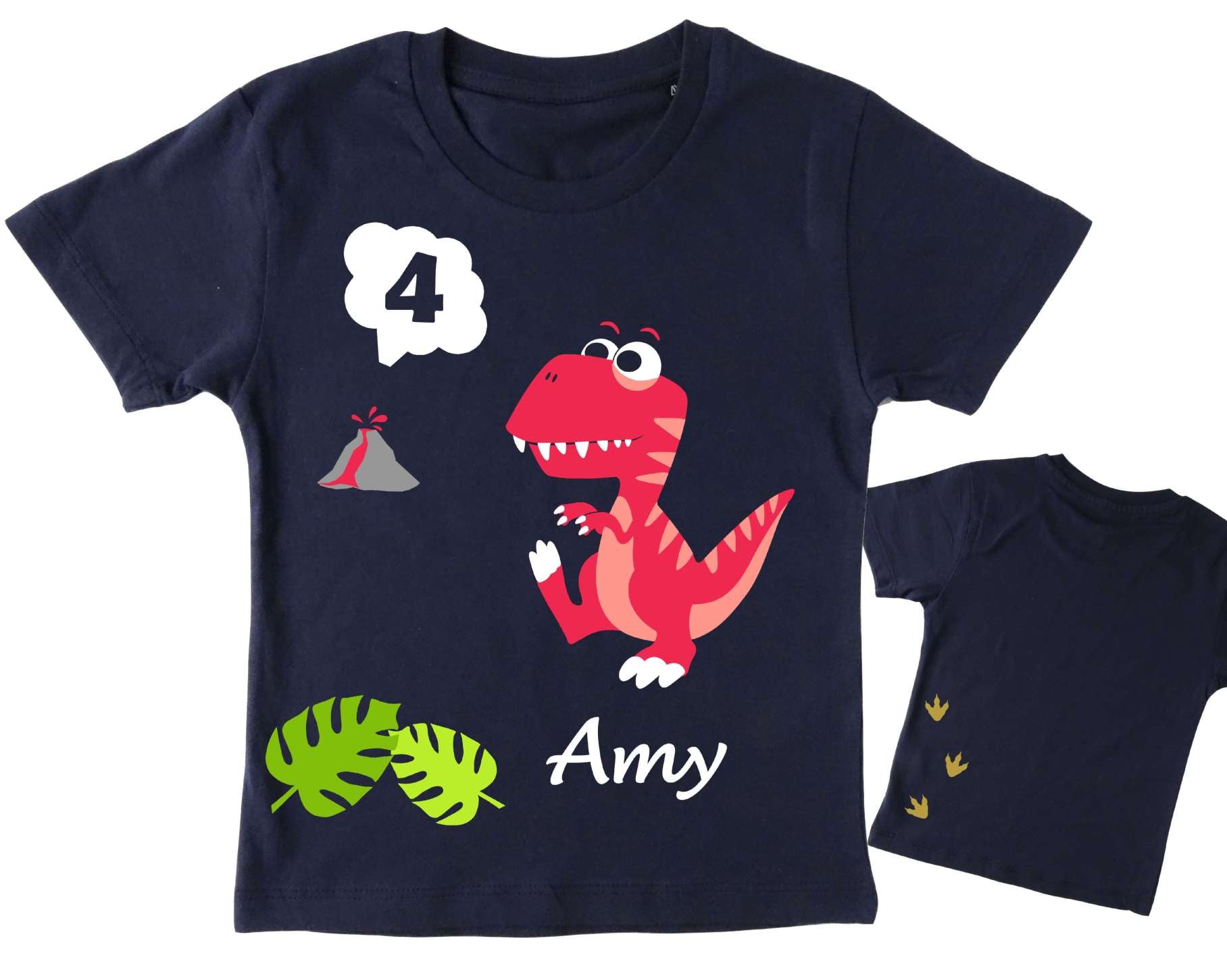 Geburtstagsshirt mit pinkem Dino T Rex mit silber metallic, Vulkan und Farnblättern mit Name und Zahl