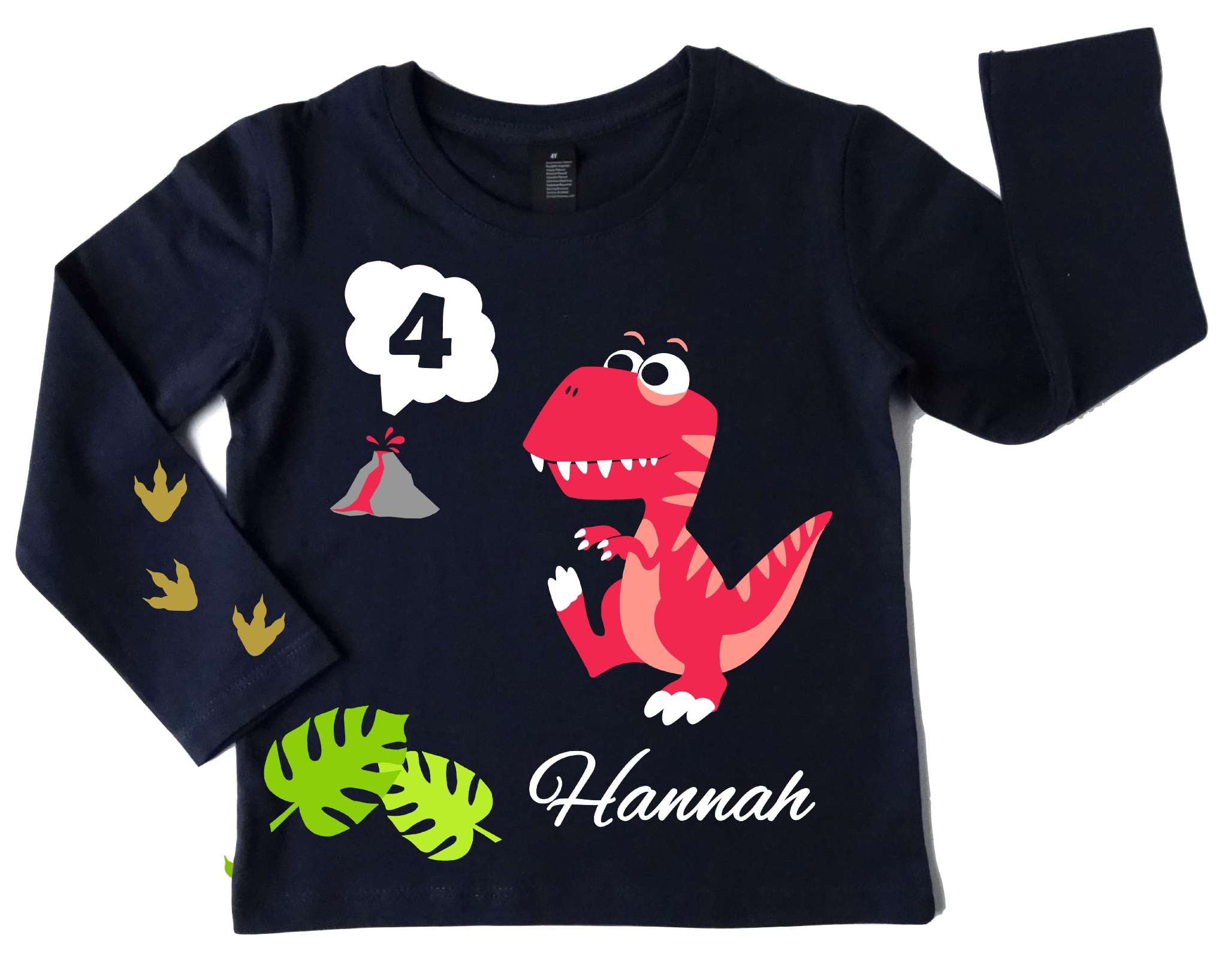 Kinder Geburtstagsshirt in french navi mit pinkem Dino T-Rex, mit Name und Zahl, Vulkan und Farnwedeln