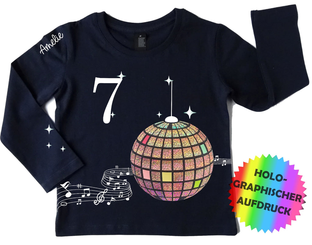Geburtstagsshirt Disko Kugel, mit Name und Zahl für Kinder, mit holographischem Effekt und langen Ärmeln