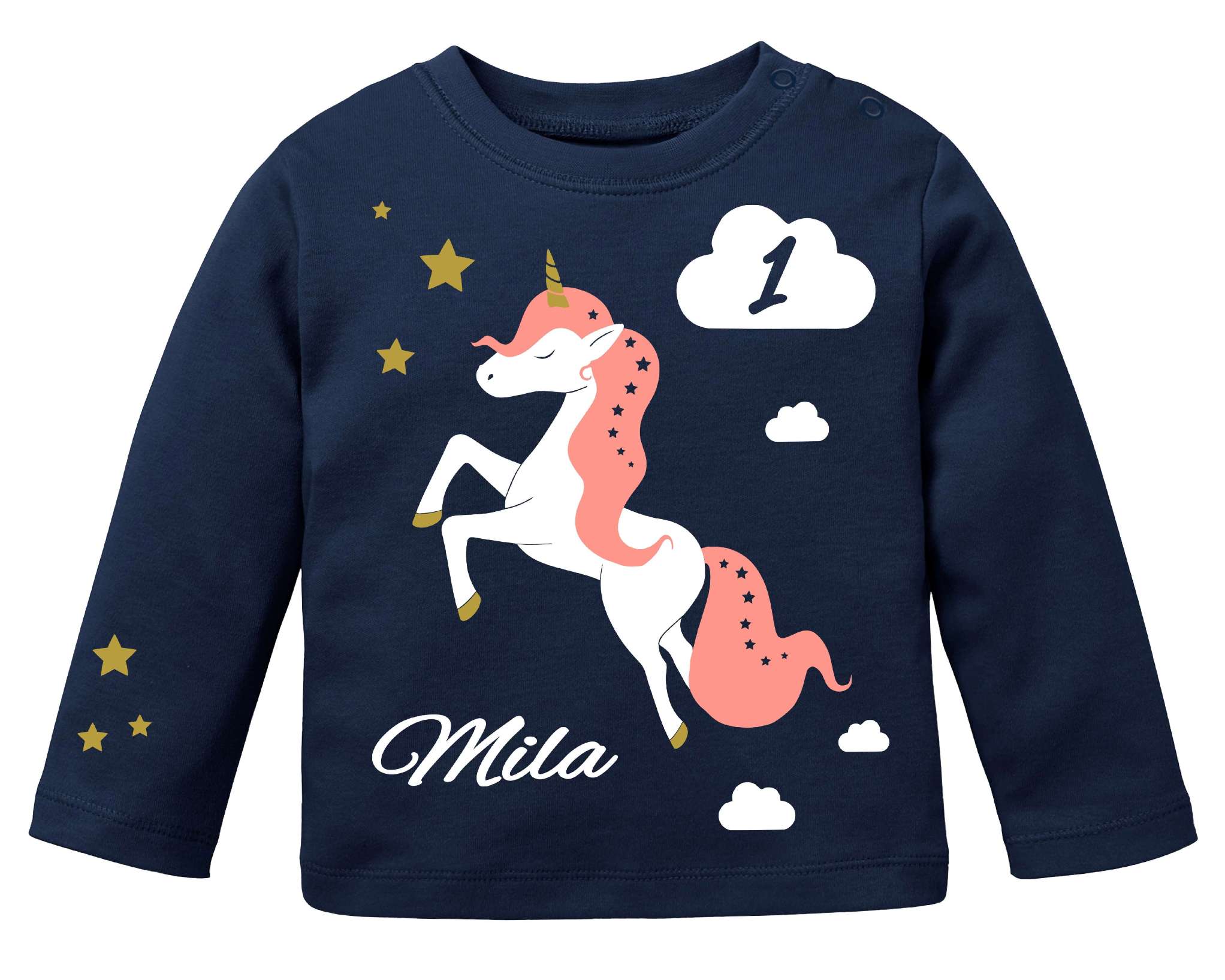 Babyshirt mit langen Ärmeln und Einhorn bedruckt, in dunkelblau, mit Name,Zahl und schimmerdem gold