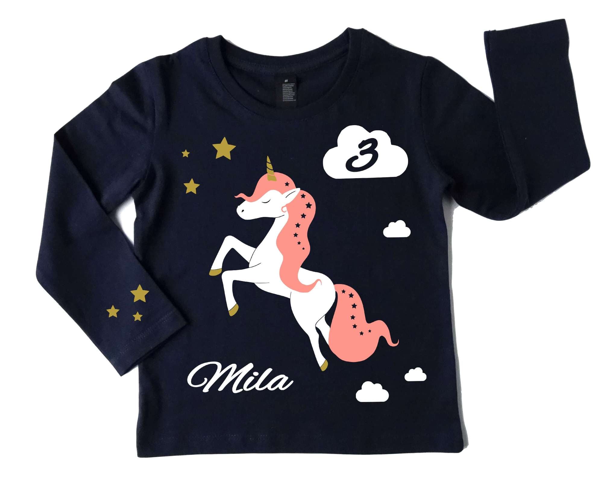 navi Kinder Geburtstagsshirt mit steigendem, weißem Einhorn bedruckt, mit Name, Zahl und schimmerndem gold