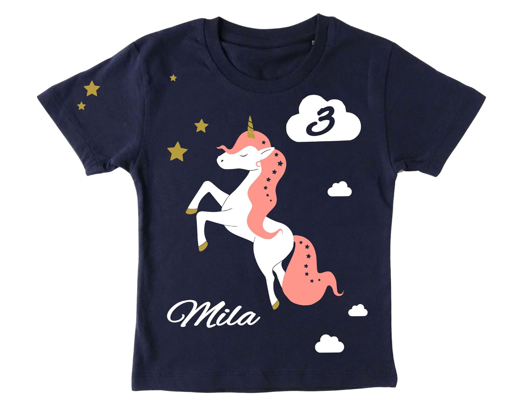 navi Geburtstagsshirt Einhorn für Mädchen mit Name, Zahl und gold metallic Effekt mit kurzem Ärmeln