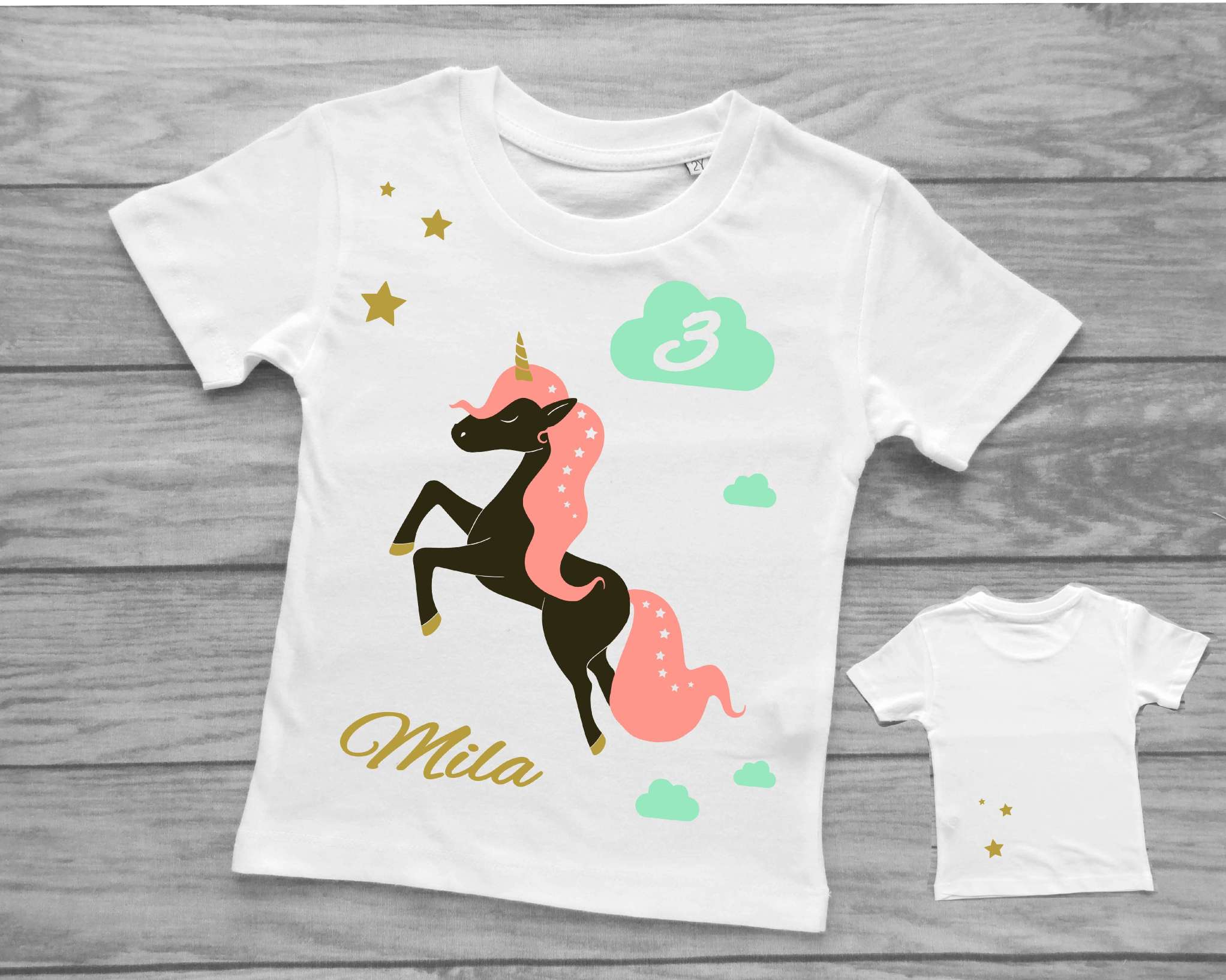 weißes Geburtstagsshirt Einhorn mit Name, Zahl und gold metallic Effekt mit kurzem Ärmeln