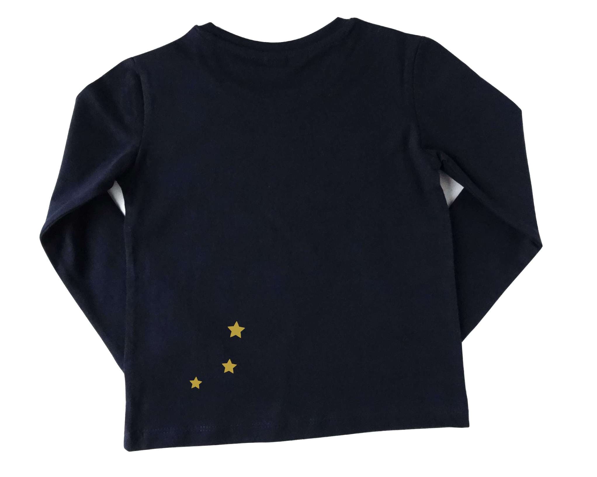 Rückseite mit Sternen von navi Geburtstagsshirt Mädchen mit Fee und gold metallic, mit Name und Zahl und langen Ärmeln