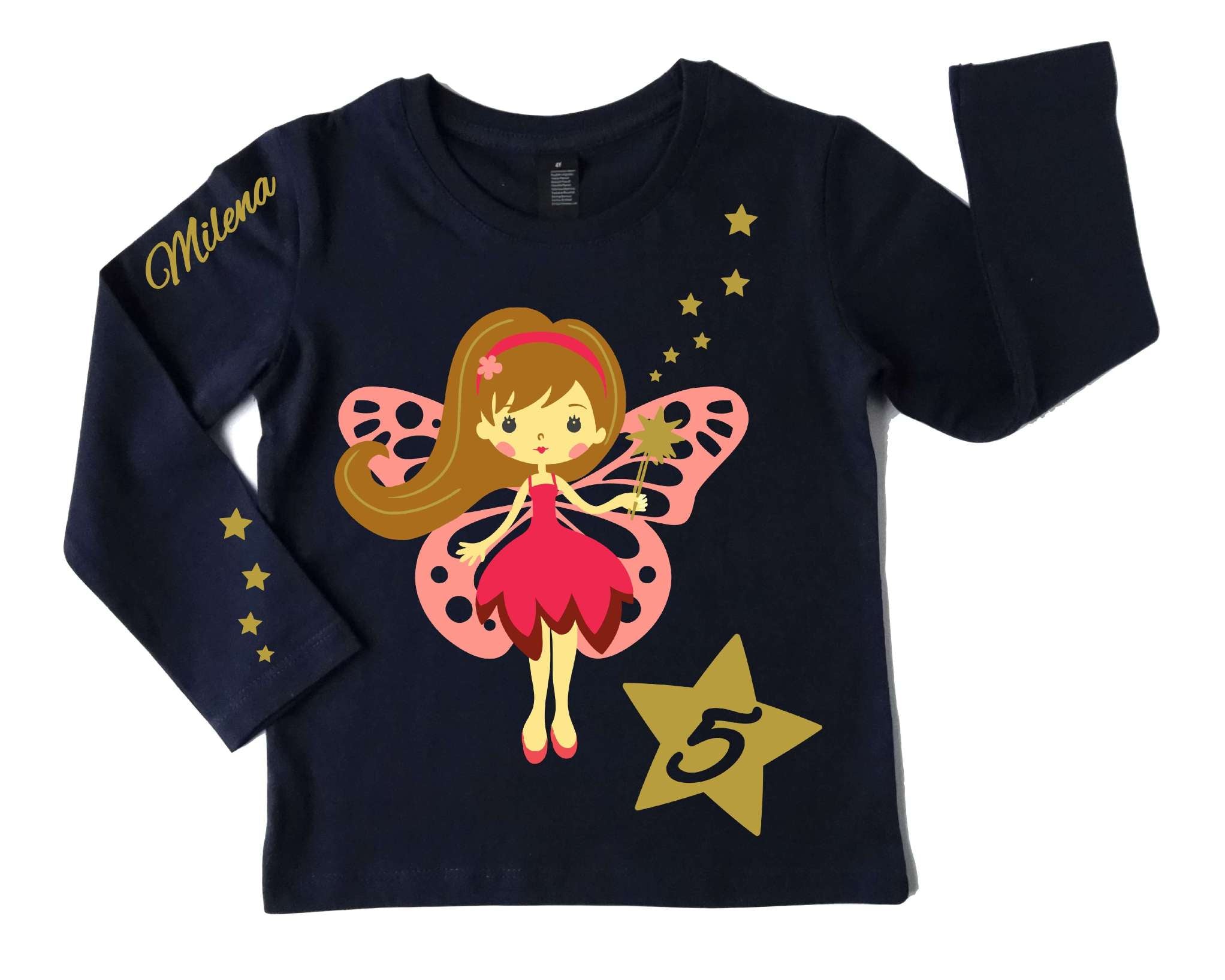 navi Geburtstagsshirt Mädchen mit Fee und gold metallic, mit Name und Zahl und langen Ärmeln