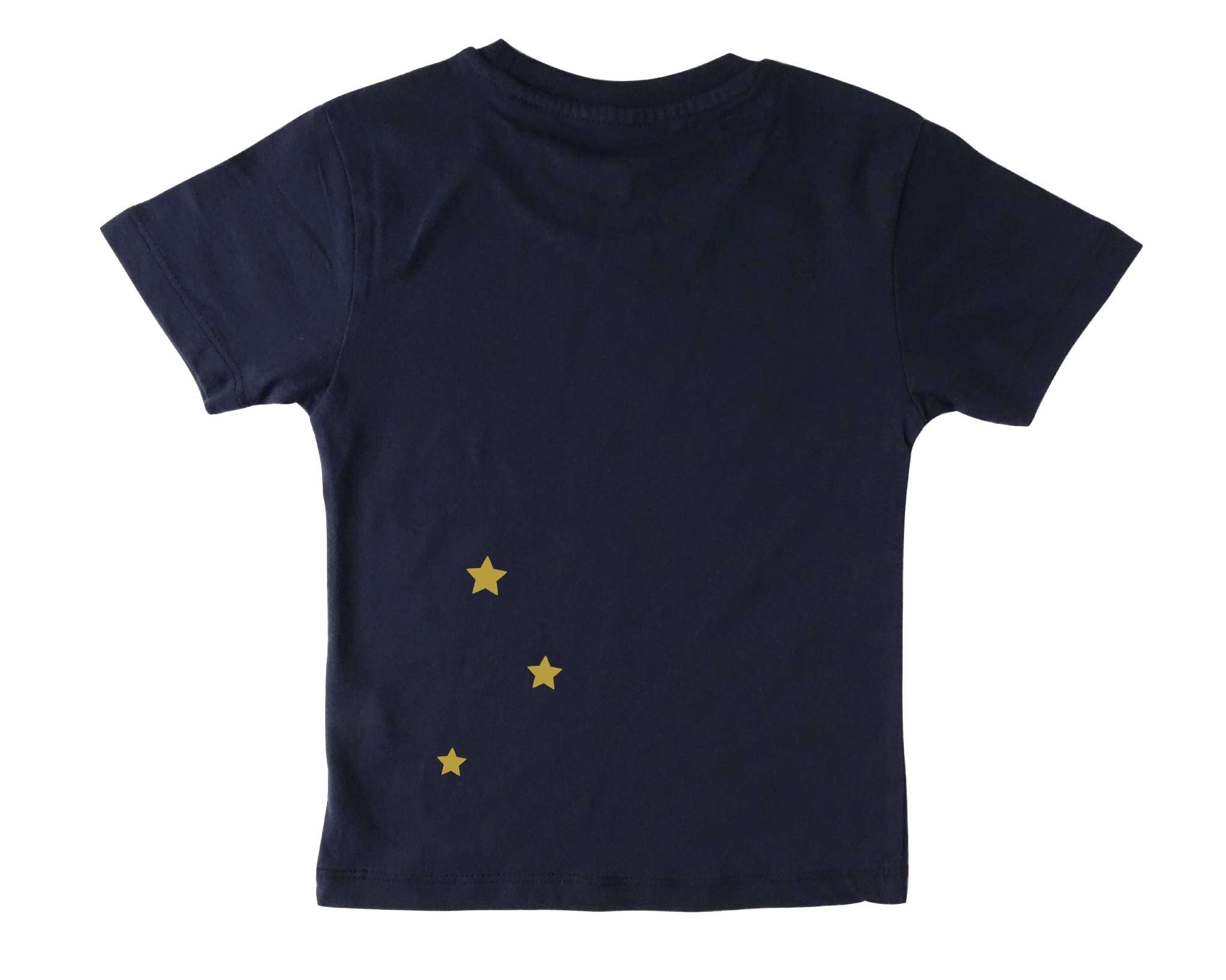Rückseite von navi Geburtstagsshirt Fee, schimmernde goldene Sterne auf der Rückseite