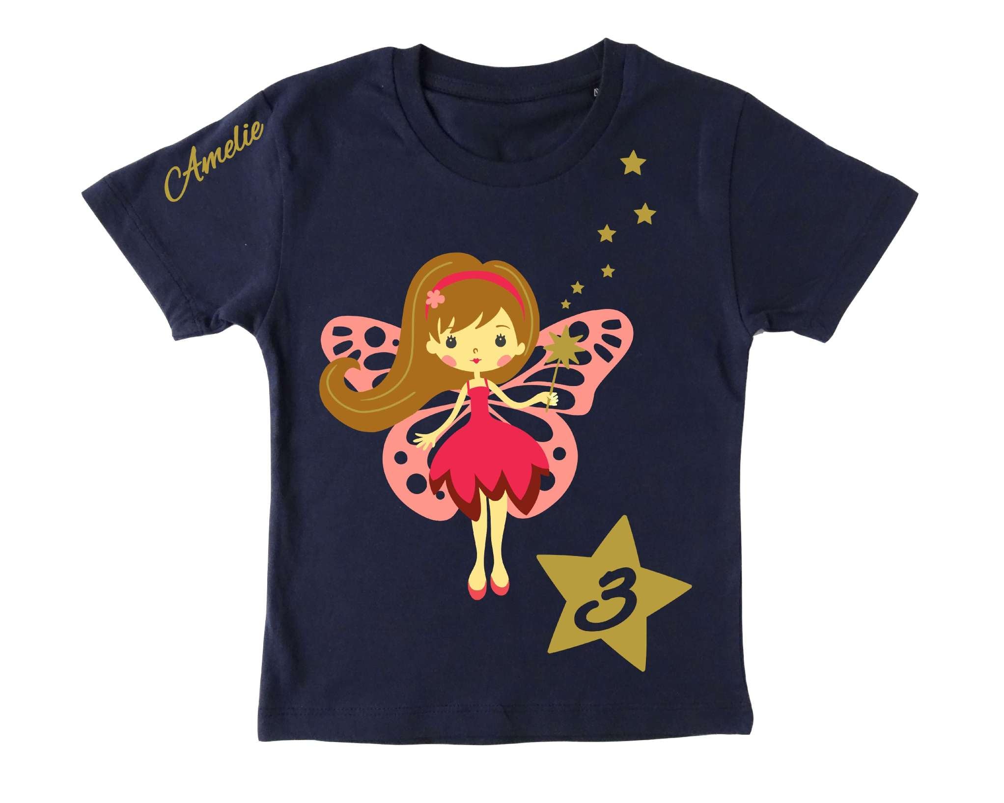 navi Geburtstagsshirt mit Fee, mit Name und Zahl und Details in schimmerndem gold, mit kurzen Ärmeln