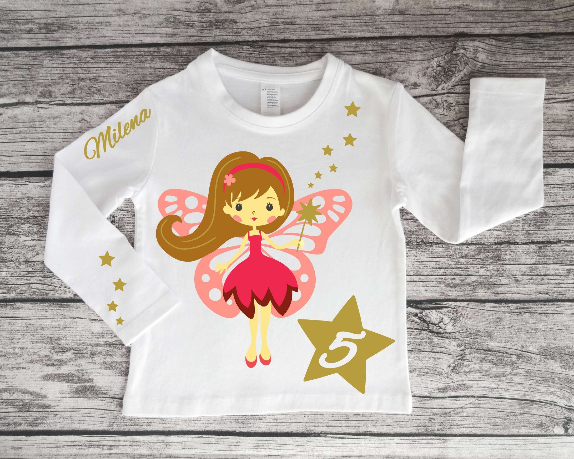 weißes Geburtstagsshirt Mädchen mit Fee und gold metallic, mit Name und Zahl und langen Ärmeln