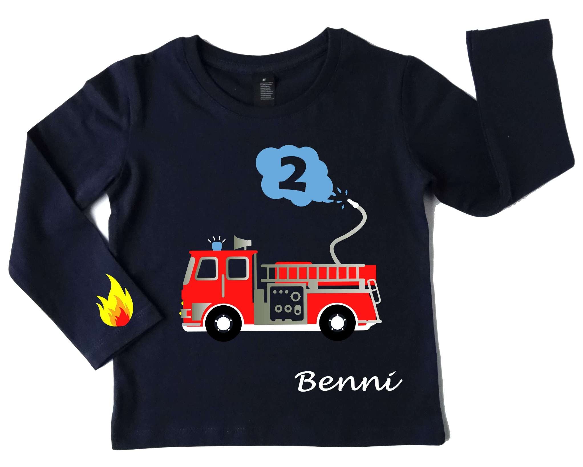 navi Kinder-Geburtstagsshirt mit Feuerwehrauto in rot und Feuer, mit Name und Zahl