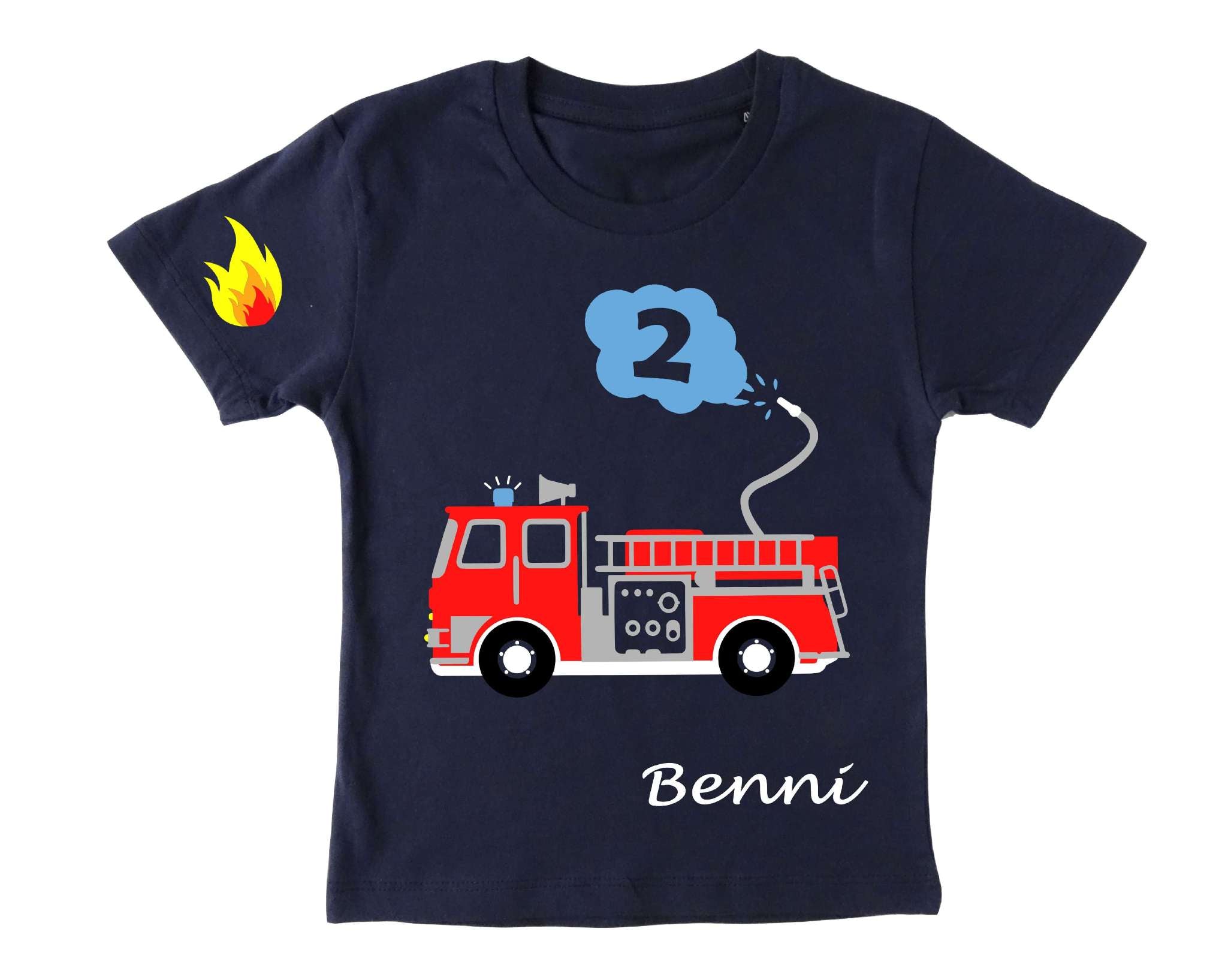 navi Geburtstagsshirt Feuerwehr Auto mit silber metallic Effekt, Name und Zahl für Jungen