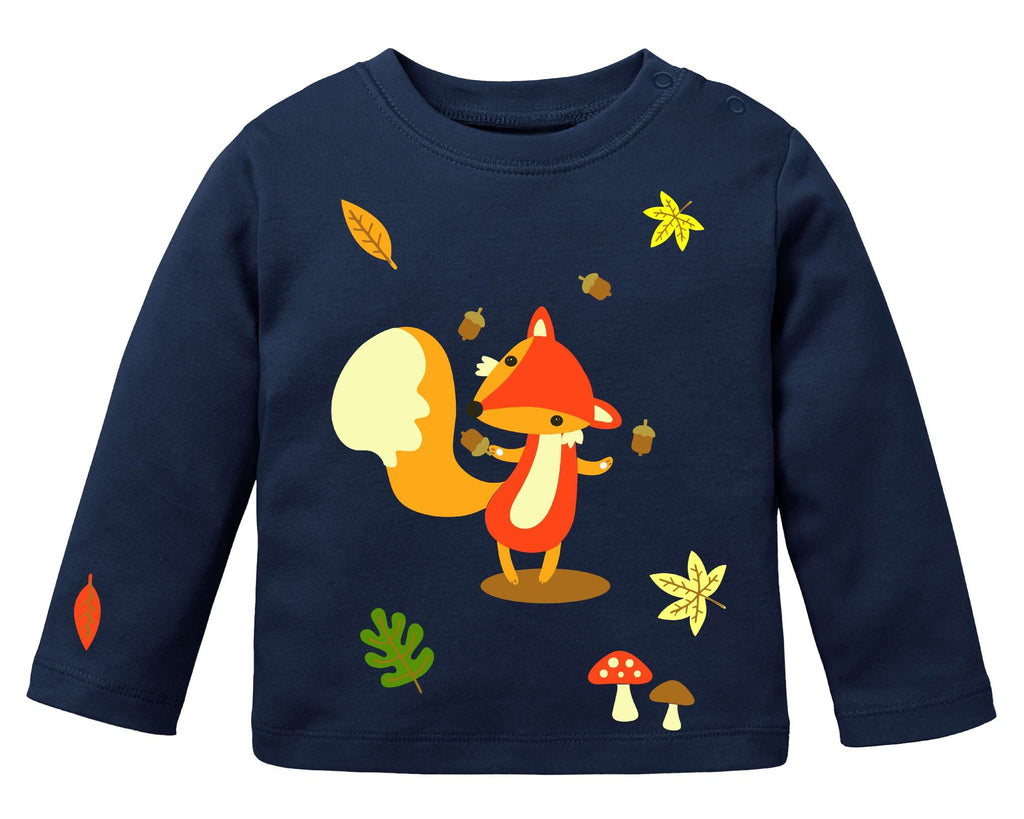navi farbenes Geburtstagsshirt für erste Geburtstage, bedruckt mit süßem Fuchs, der Eicheln jongliert und herbstlicher Szene