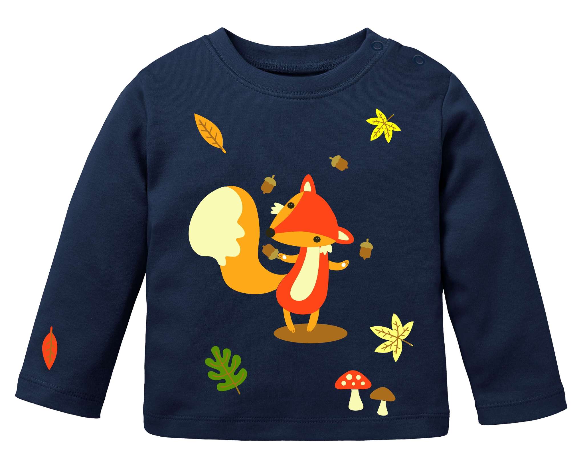 navi farbenes Geburtstagsshirt für erste Geburtstage, bedruckt mit süßem Fuchs, der Eicheln jongliert und herbstlicher Szene