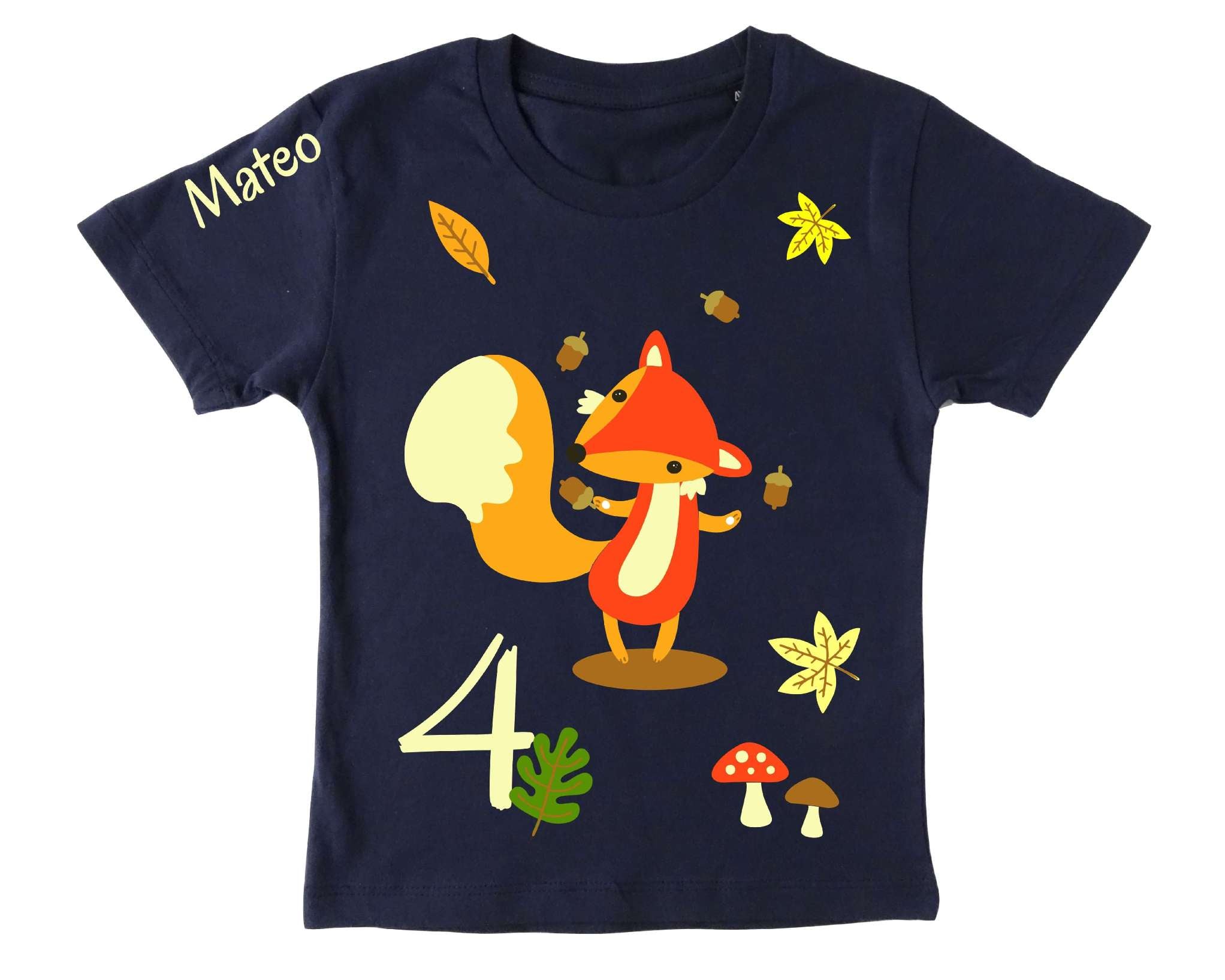 Aufdruck mit gold metallic Effekt von Geburtstagsshirt Fuchs mit Pilzen im Wald, für Kinder, mit Name und Zahl