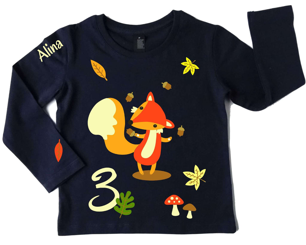 Geburtstagsshirt für Kinder mit Fuchs im Wald, mit Name und Zahl, gold metallic Effekt