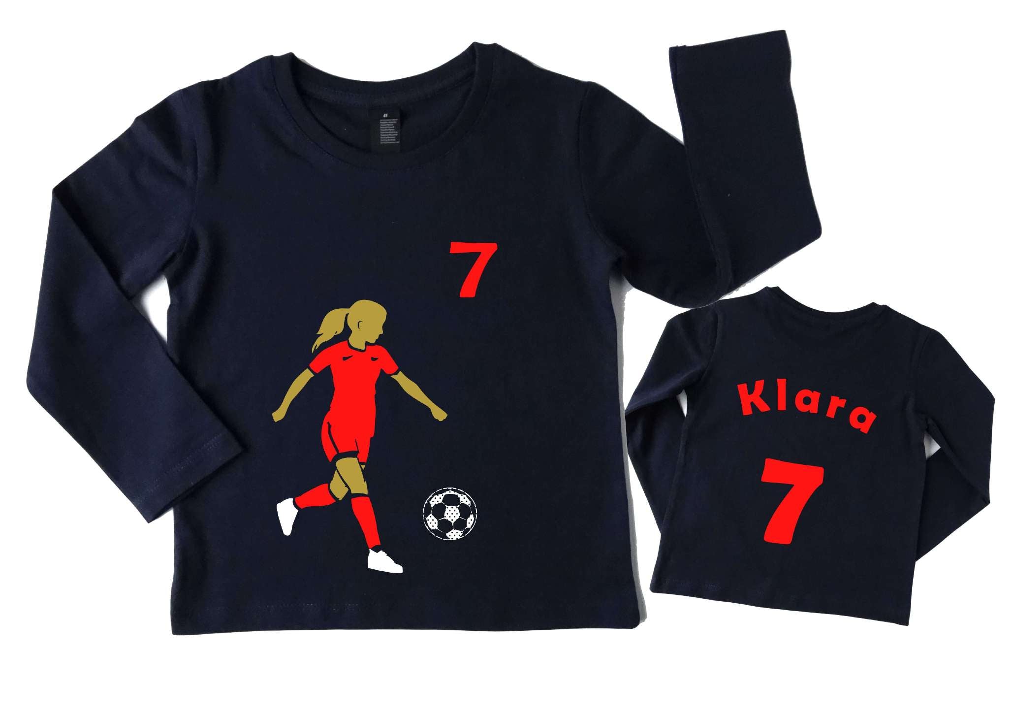 Geburtstagsshirt für coole Fußball Mädchen mit gold metallic Effekt, mit Fußballerin Name und Zahl Trikot Rückseite, rotes Trikot